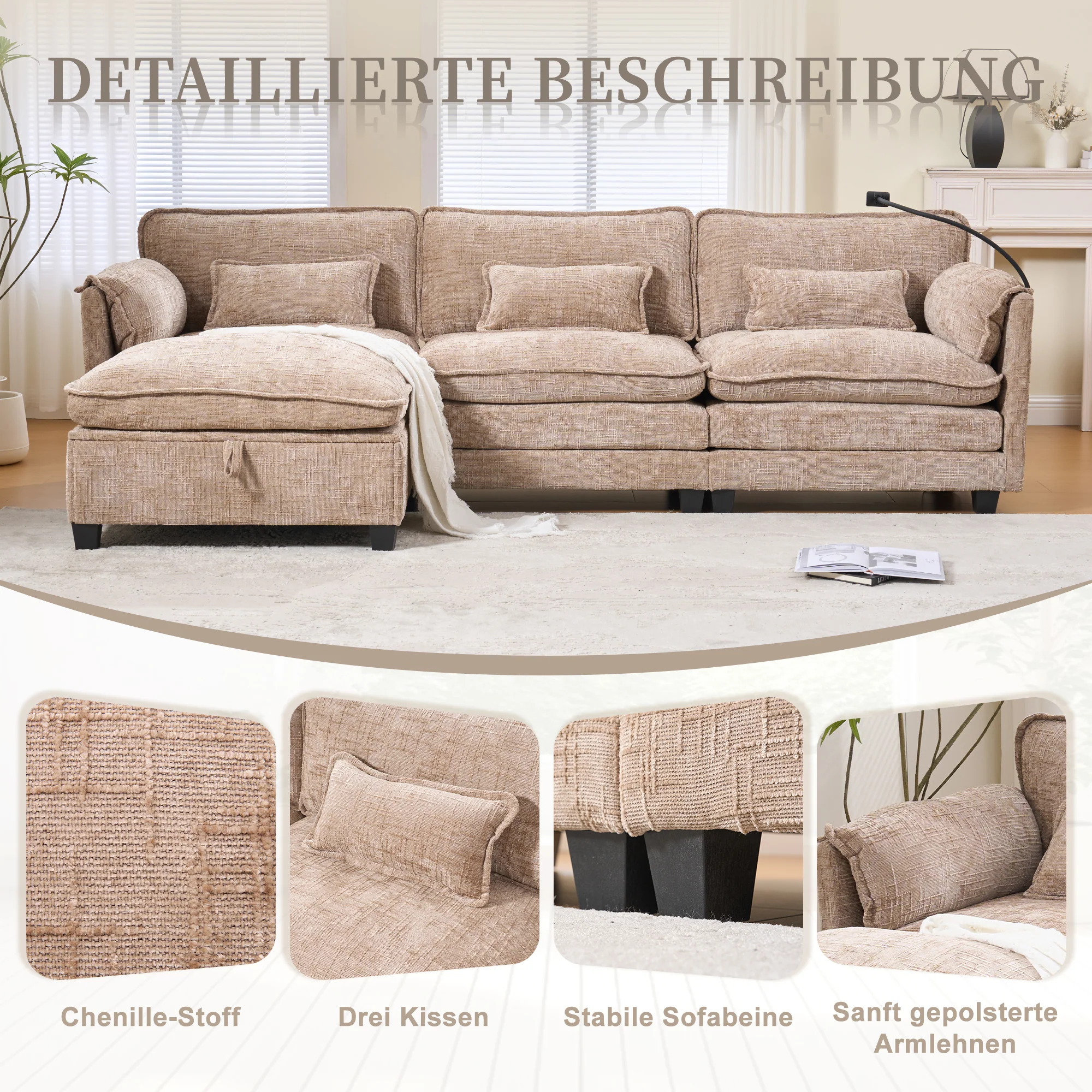 Modern 2-seater Sofa USB Storage Modular Footstool - Khaki Chenille - Image 5