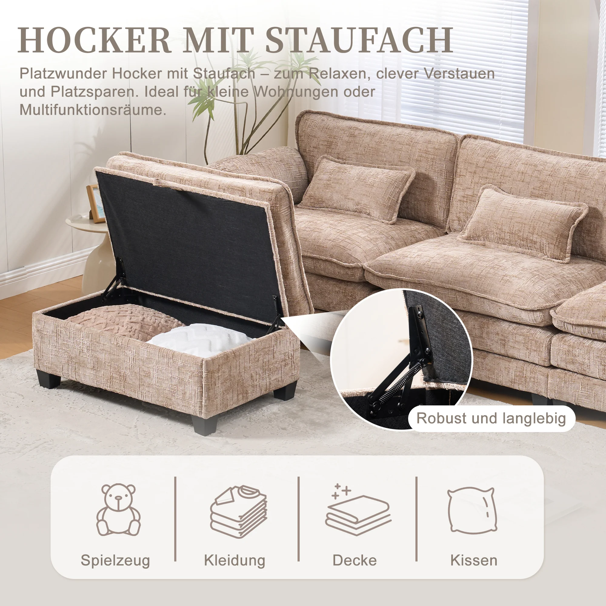 Modern 2-seater Sofa USB Storage Modular Footstool - Khaki Chenille - Image 6