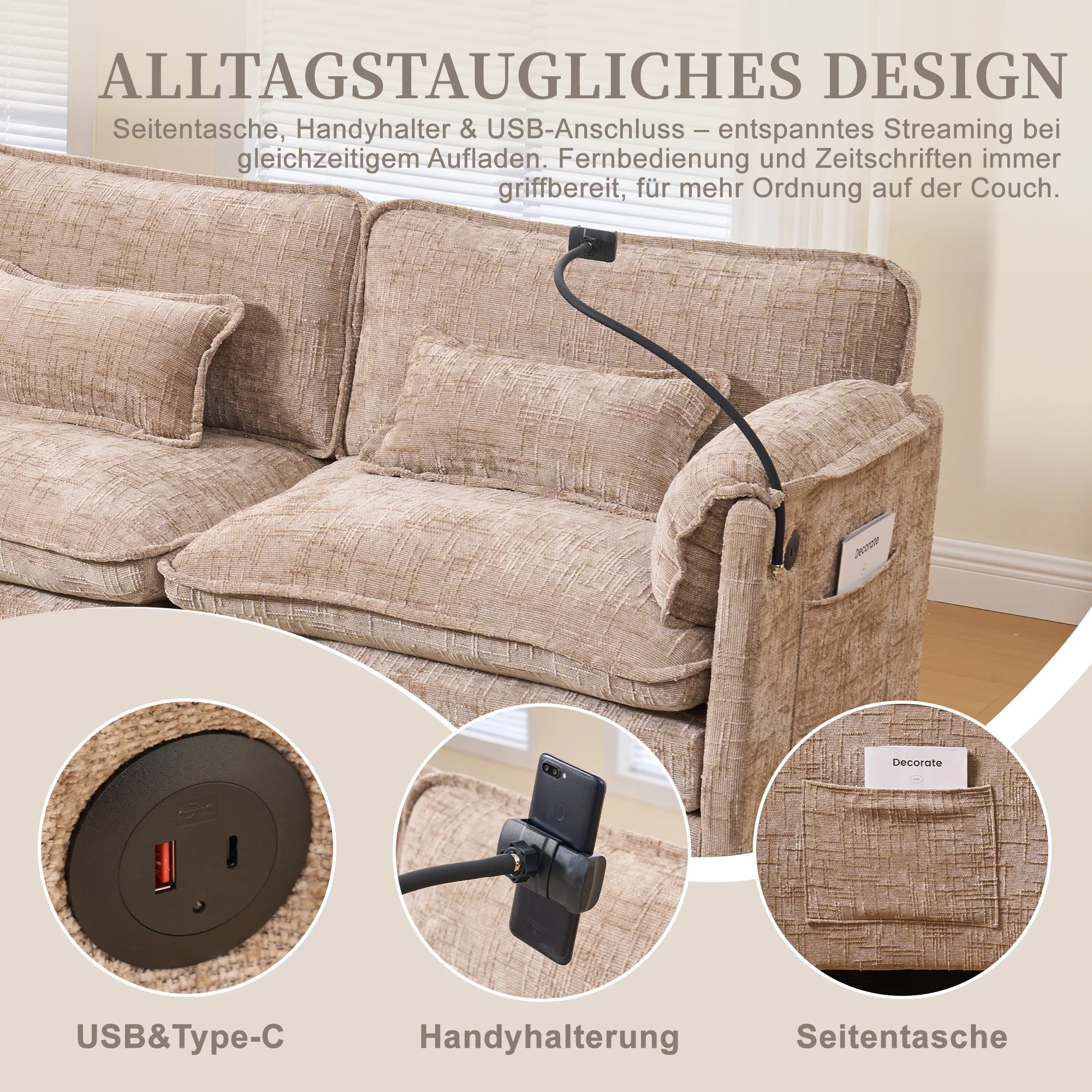 Modern 2-seater Sofa USB Storage Modular Footstool - Khaki Chenille - Image 7