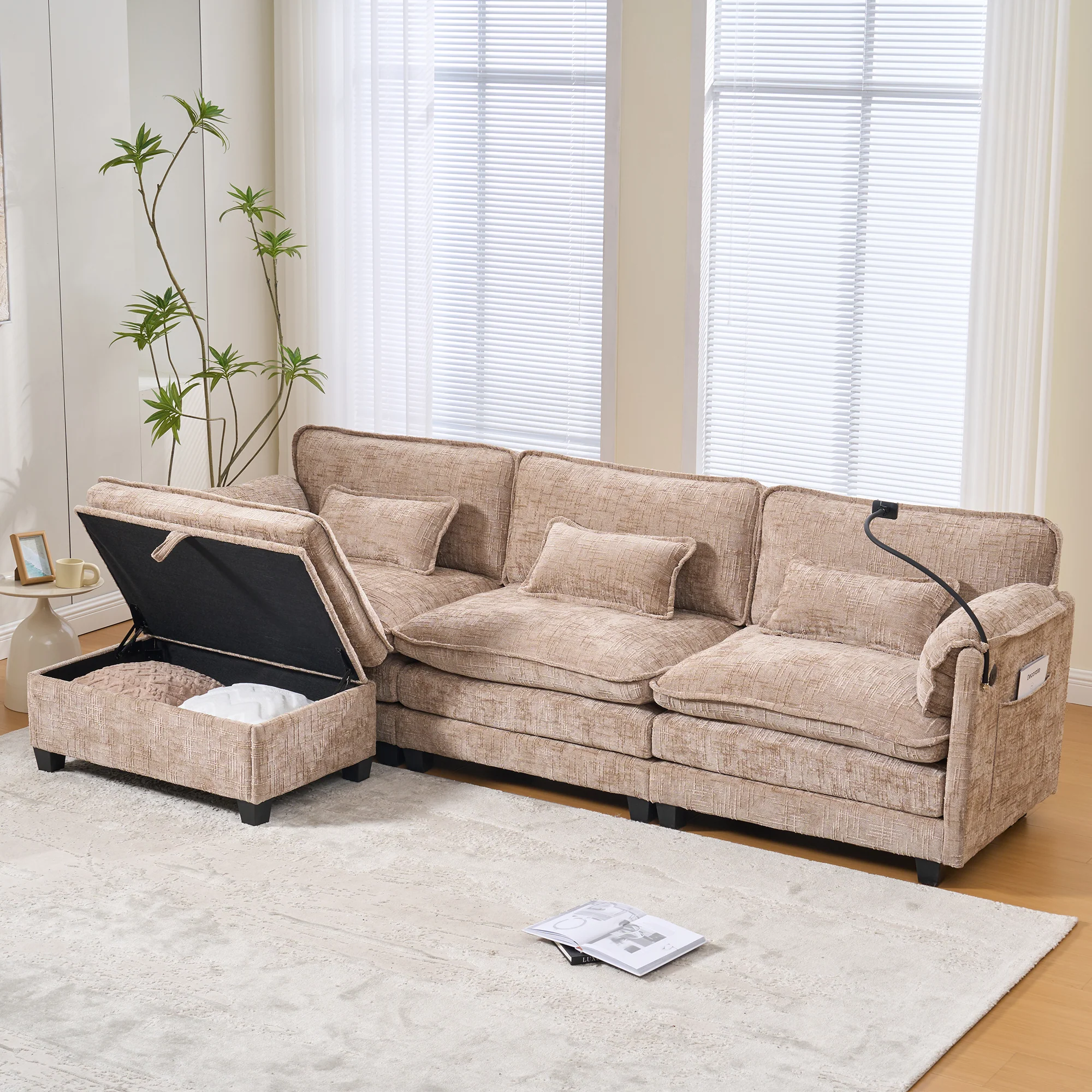 Modern 2-seater Sofa USB Storage Modular Footstool - Khaki Chenille - Image 8
