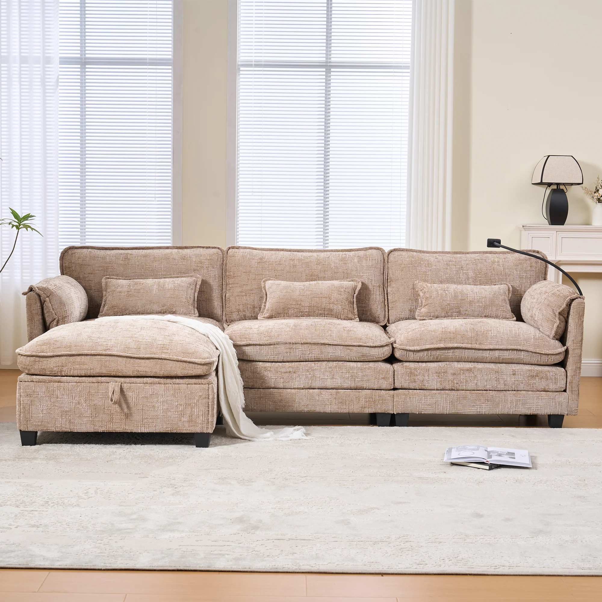 Modern 2-seater Sofa USB Storage Modular Footstool - Khaki Chenille - Image 9