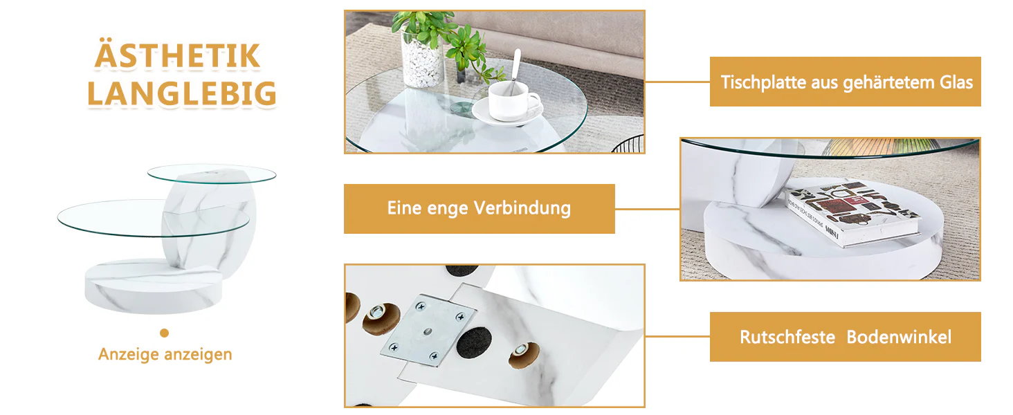 Modern Coffee Table Double-Layered Safety Glass Multi-Tiered White Marble Effect MDF - Image 10