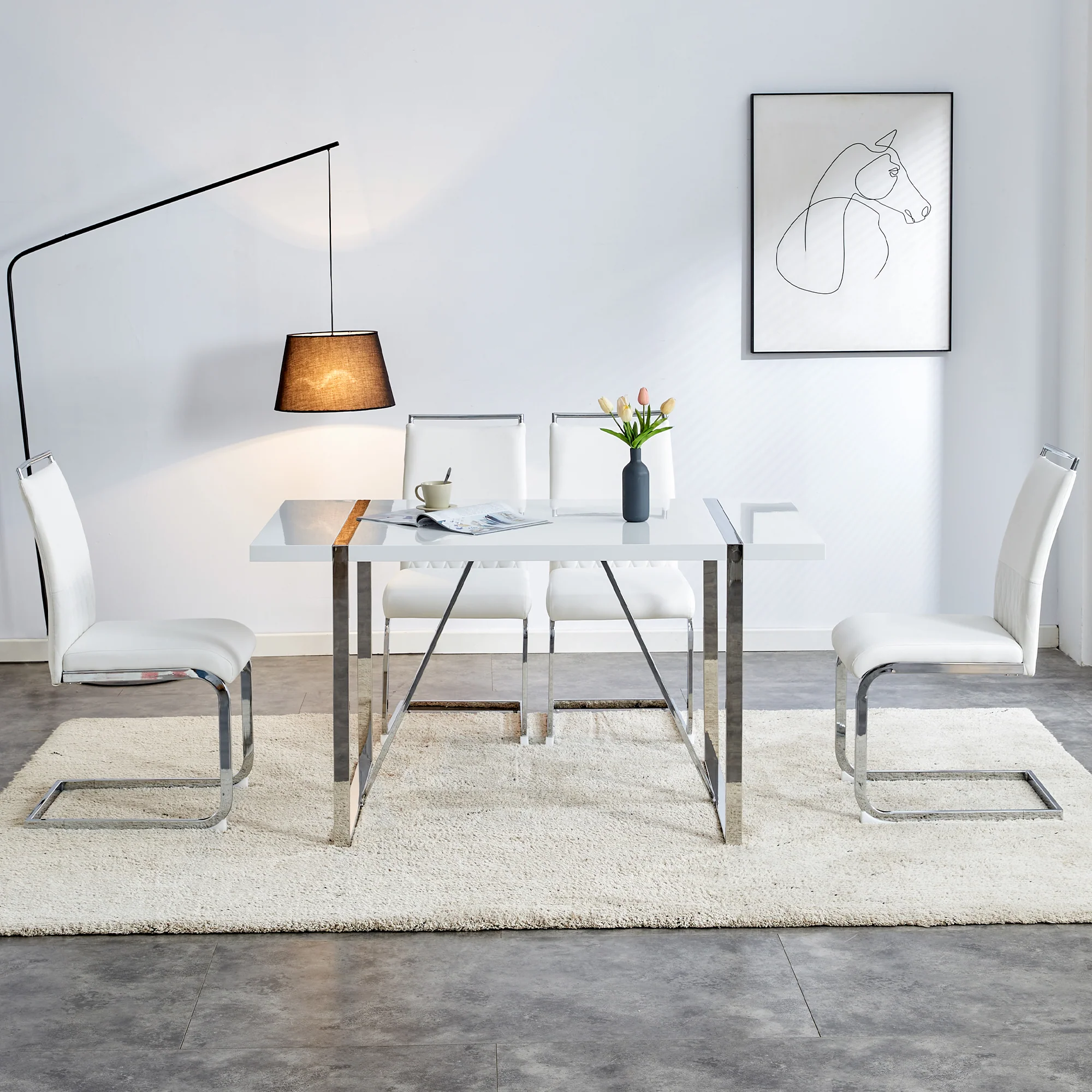 Modern Dining Chairs Set of 2, High-Backed Upholstered Side Chairs with Horizontal Stripe Backrest, White PU Leather & Linen