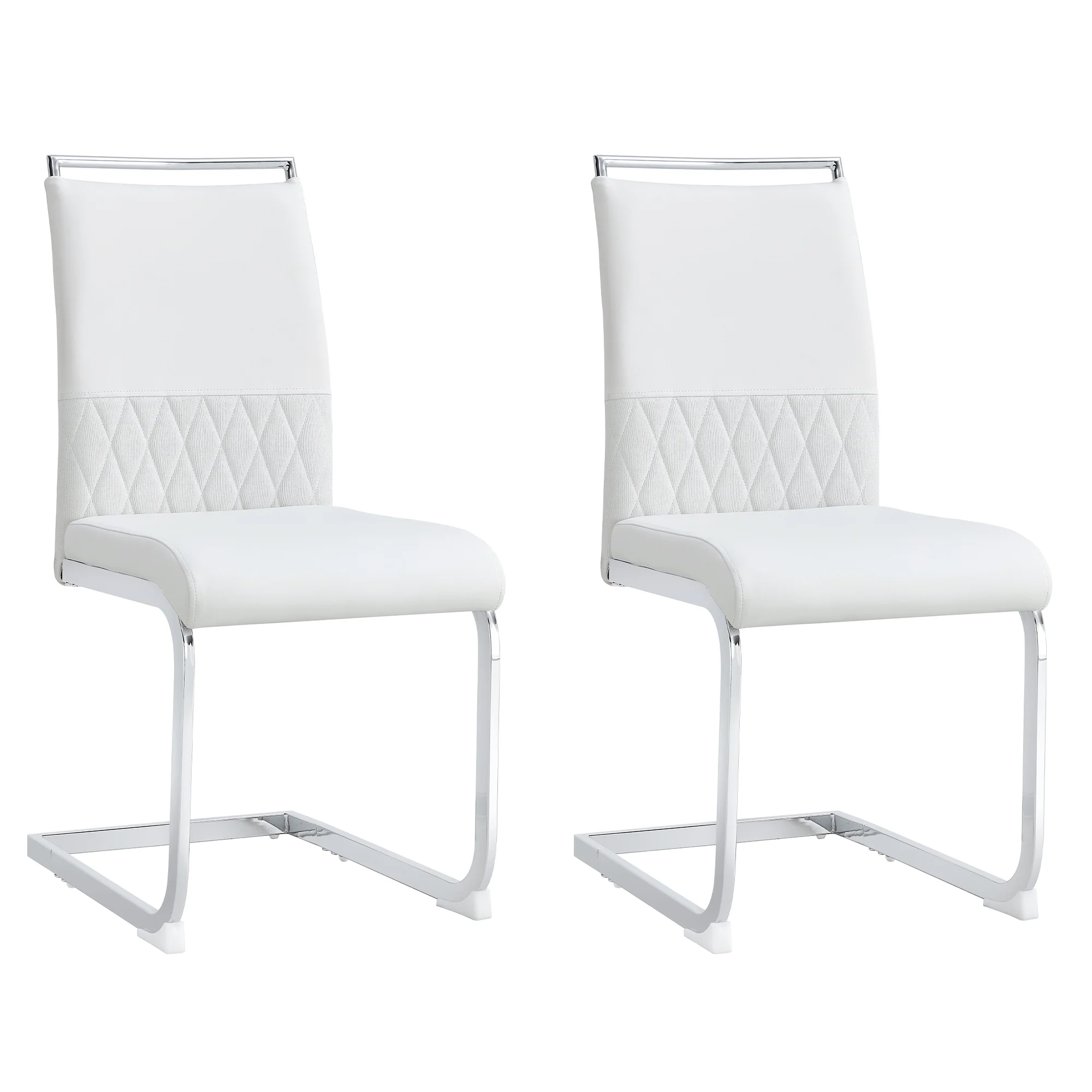 Modern Dining Chairs Set of 2, High-Backed Upholstered Side Chairs with Horizontal Stripe Backrest, White PU Leather & Linen - Image 2