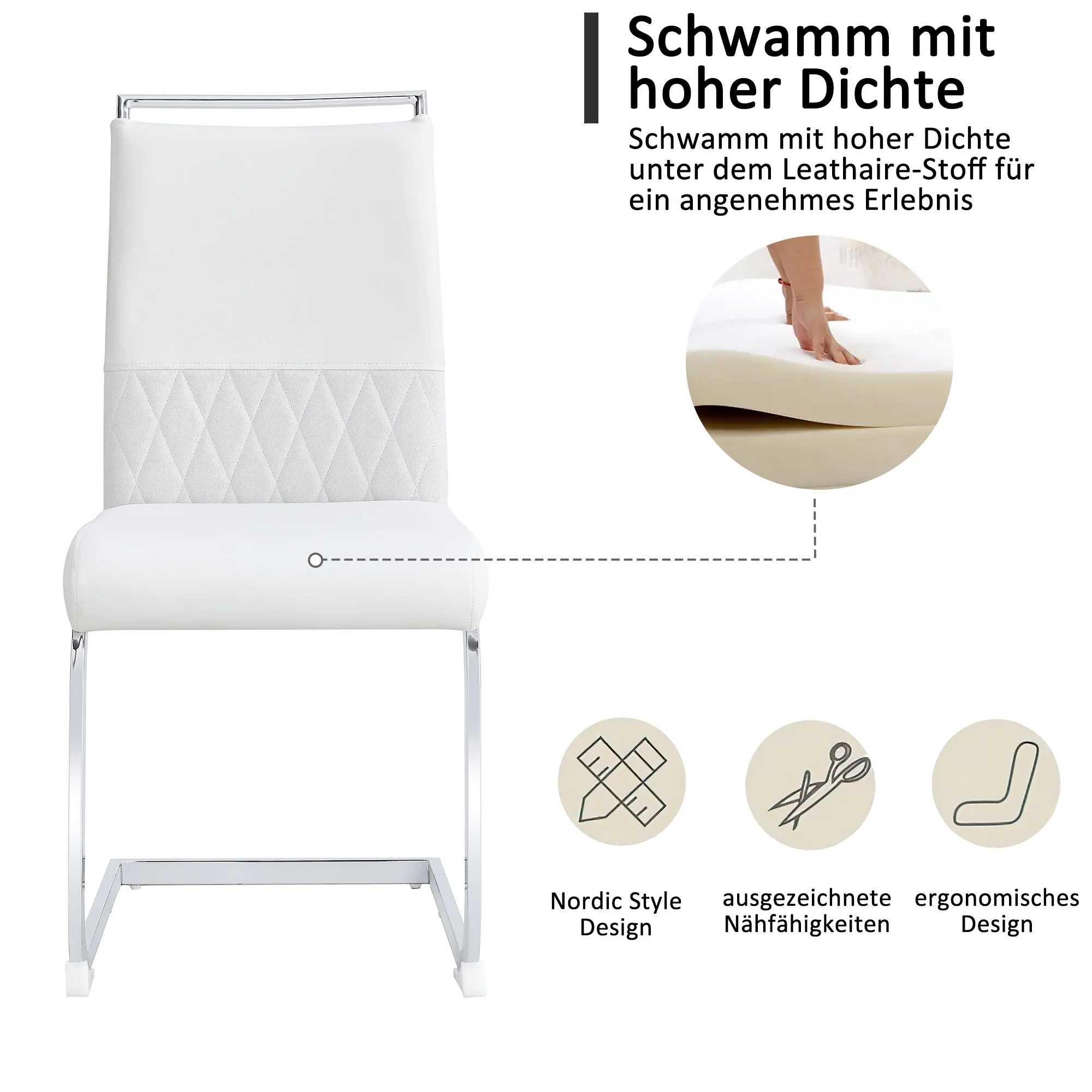 Modern Dining Chairs Set of 2, High-Backed Upholstered Side Chairs with Horizontal Stripe Backrest, White PU Leather & Linen - Image 4