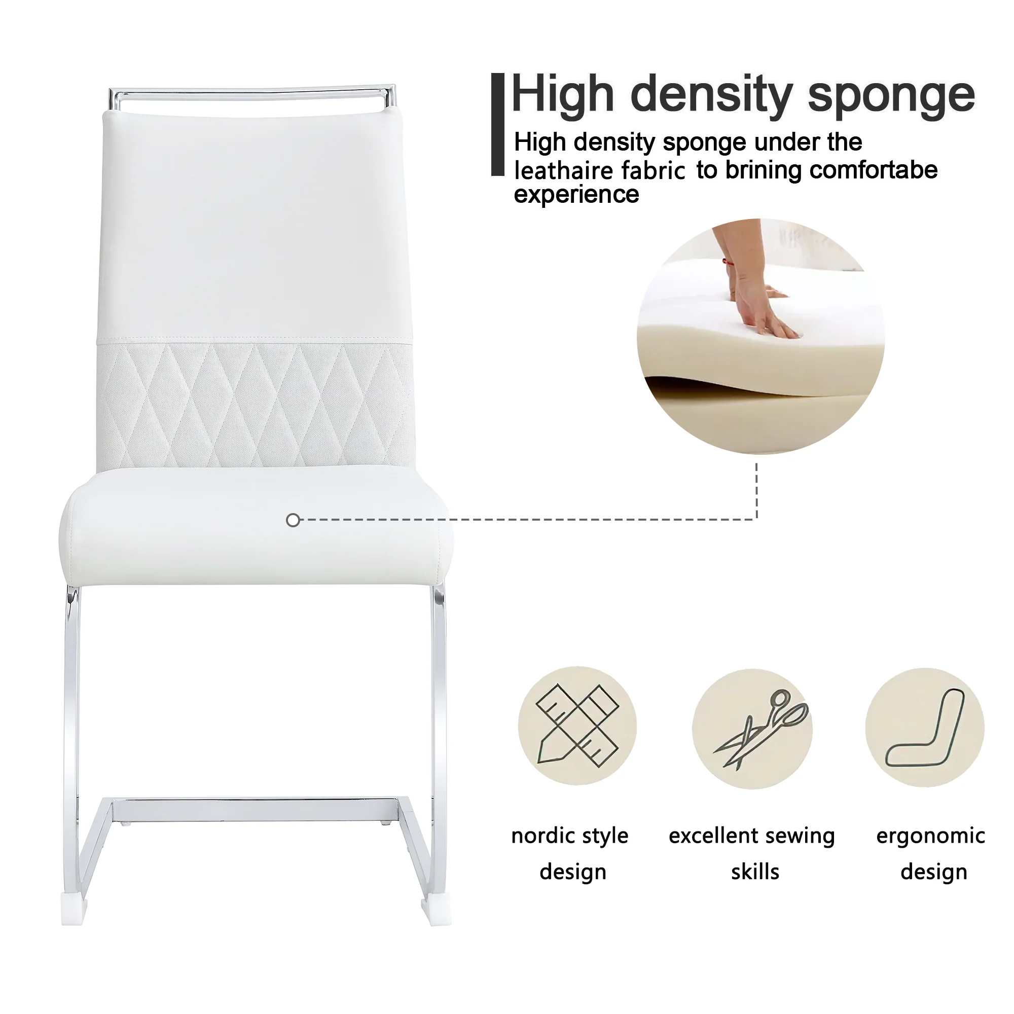 Modern Dining Chairs Set of 2, High-Backed Upholstered Side Chairs with Horizontal Stripe Backrest, White PU Leather & Linen - Image 5