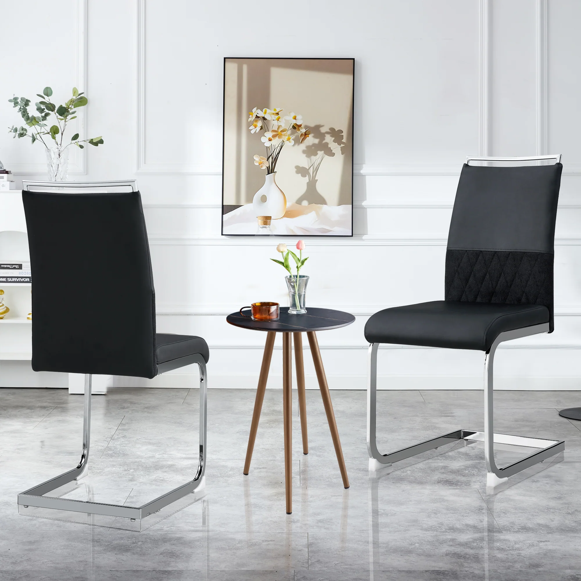 Modern Dining Chairs Set of 2 High-Backed Upholstered Side Chairs with Stripe Backrest PU Leather Linen Black