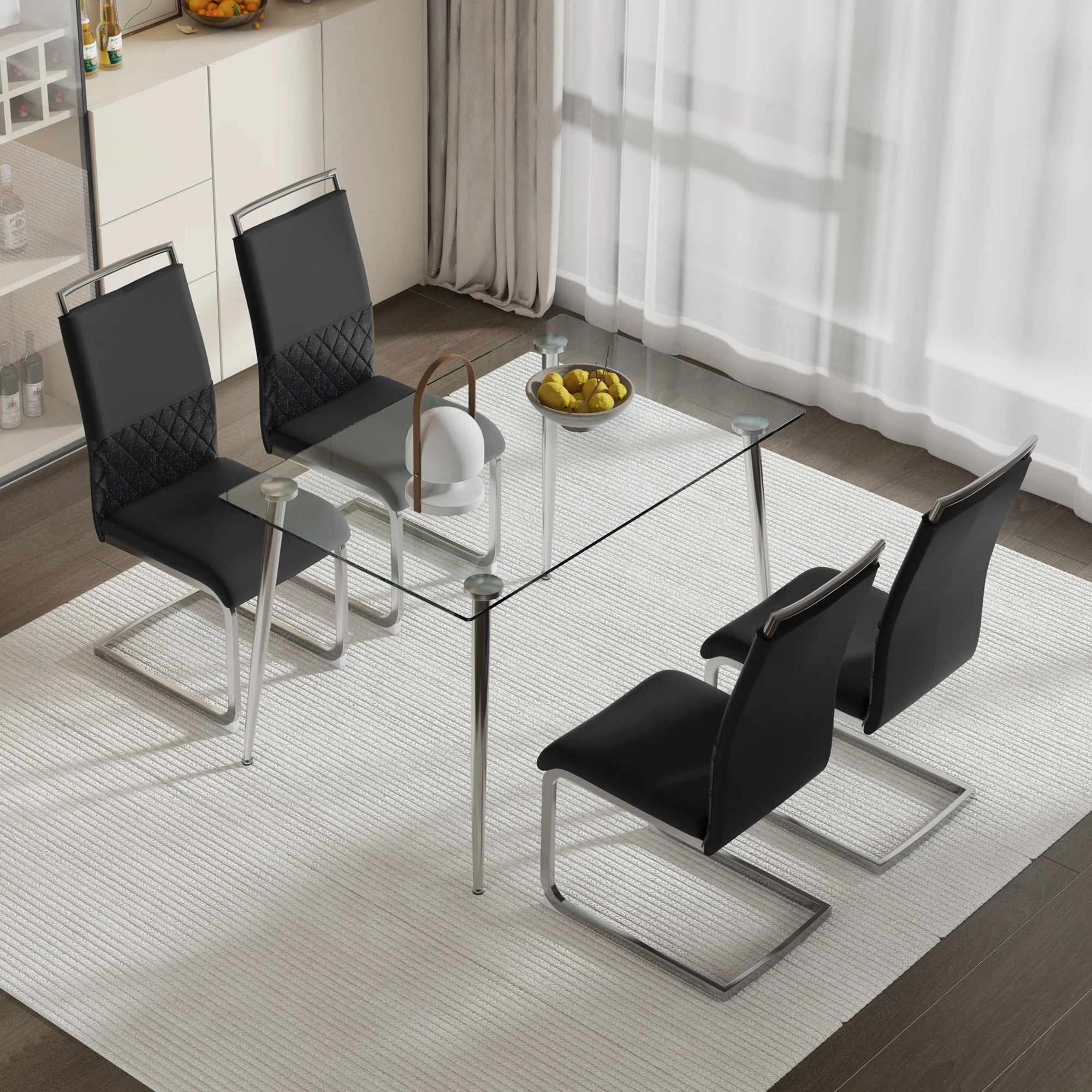 Modern Dining Chairs Set of 4, High-Backed Upholstered Side Chair with Horizontal Stripe Backrest, Black PU Leather and Linen