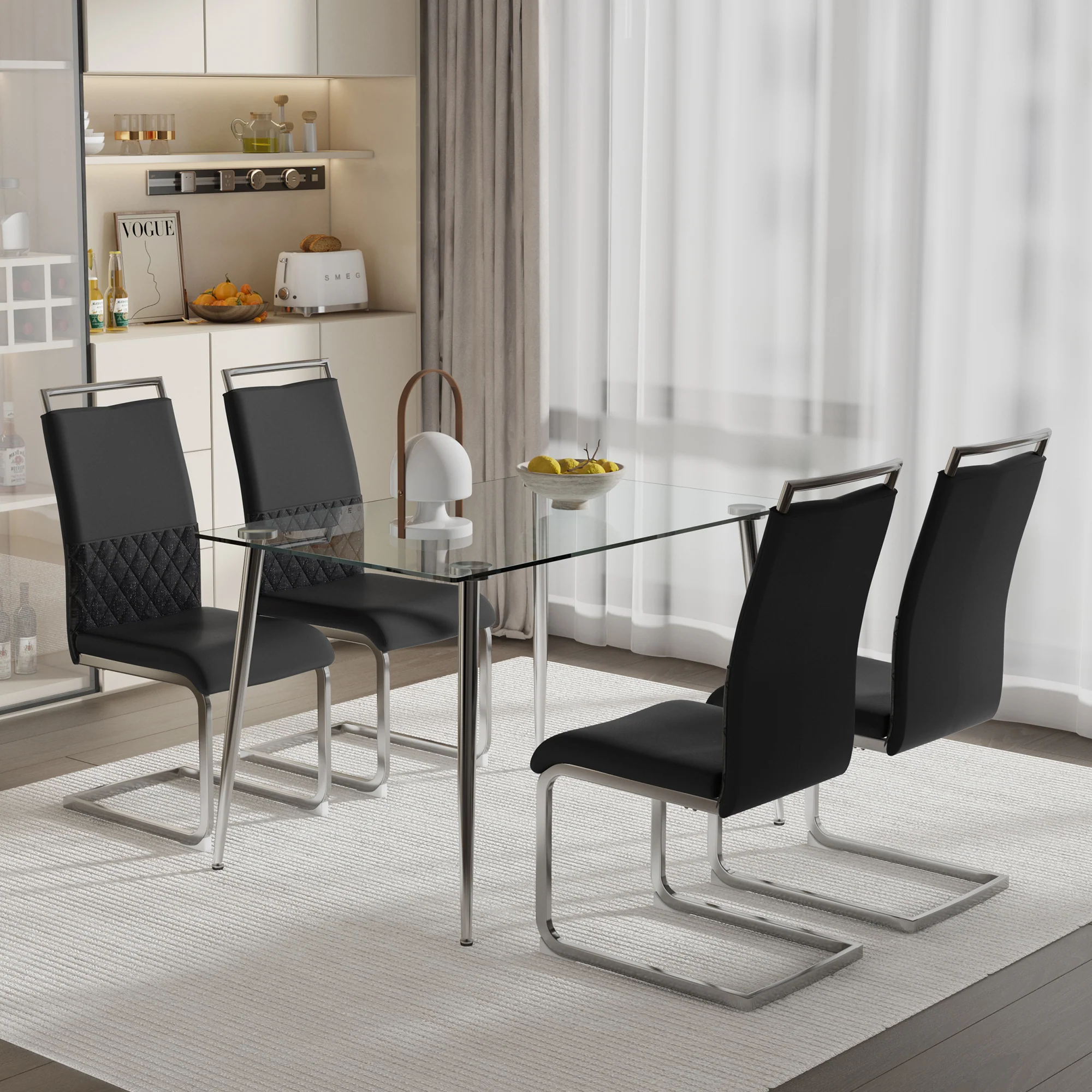 Modern Dining Chairs Set of 4, High-Backed Upholstered Side Chair with Horizontal Stripe Backrest, Black PU Leather and Linen - Image 2