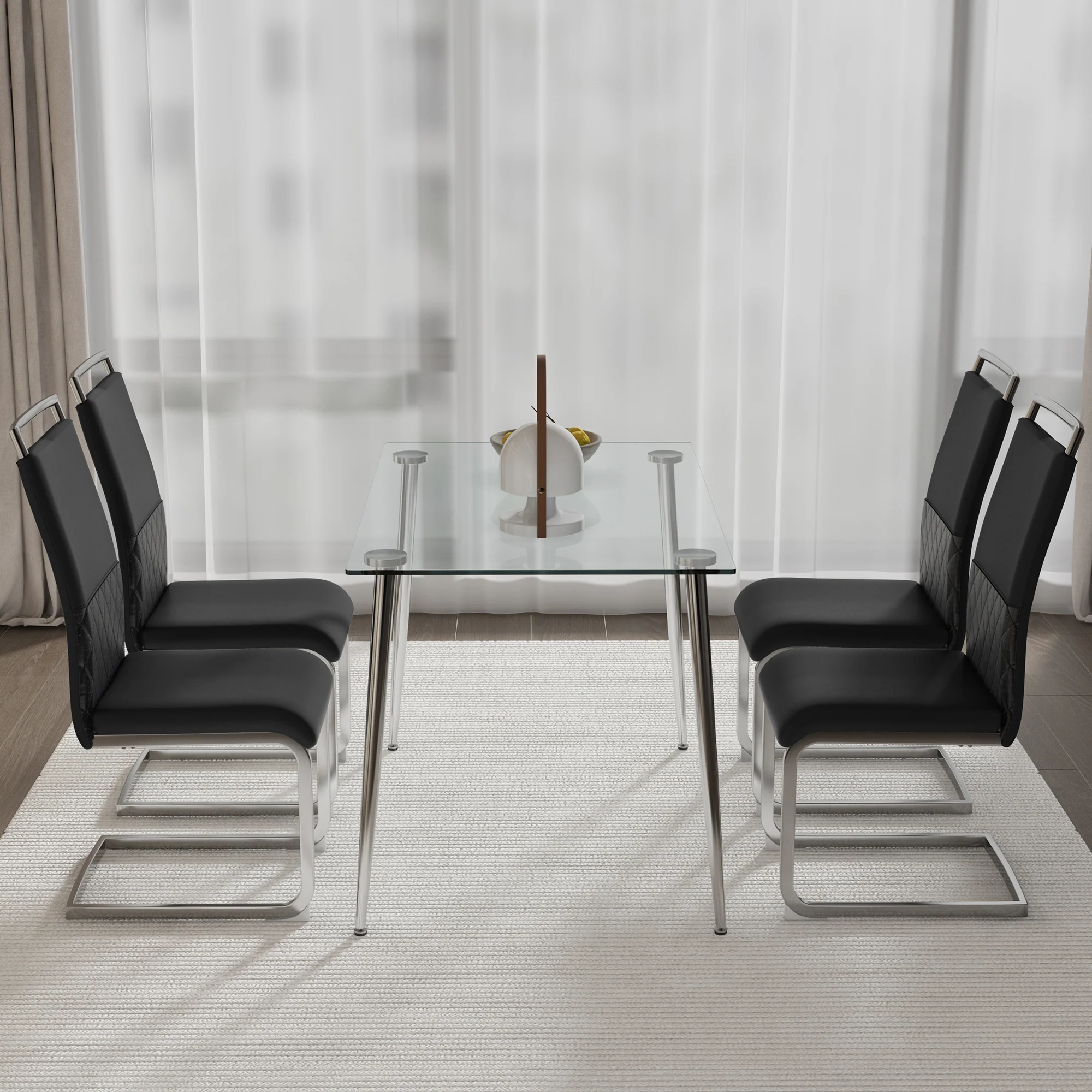 Modern Dining Chairs Set of 4, High-Backed Upholstered Side Chair with Horizontal Stripe Backrest, Black PU Leather and Linen - Image 3