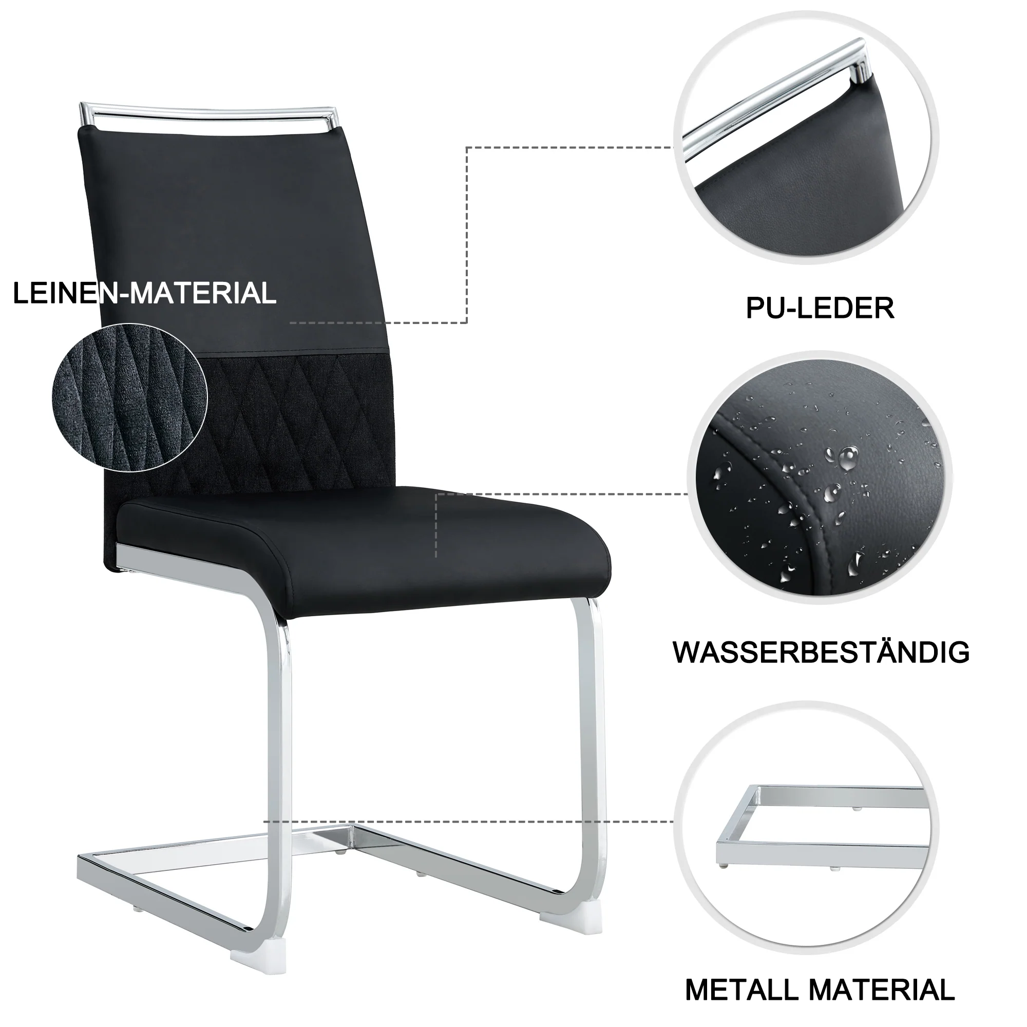 Modern Dining Chairs Set of 4, High-Backed Upholstered Side Chair with Horizontal Stripe Backrest, Black PU Leather and Linen - Image 7
