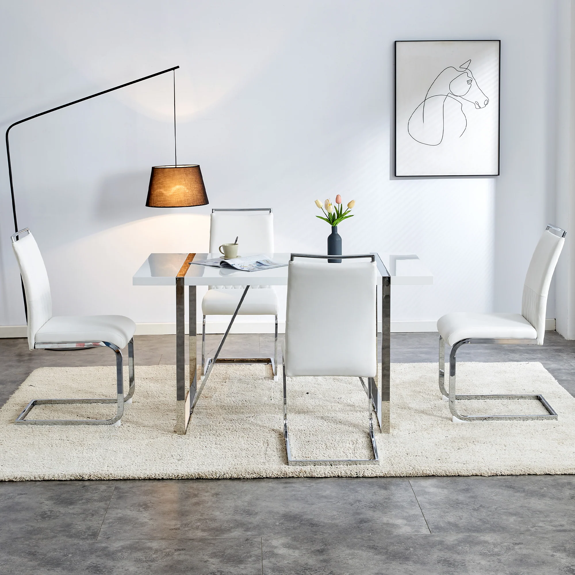Modern Dining Chairs Set of 4, Upholstered High-Backed Side Chairs with Stripe Backrest, White PU Leather/Linen - Image 2