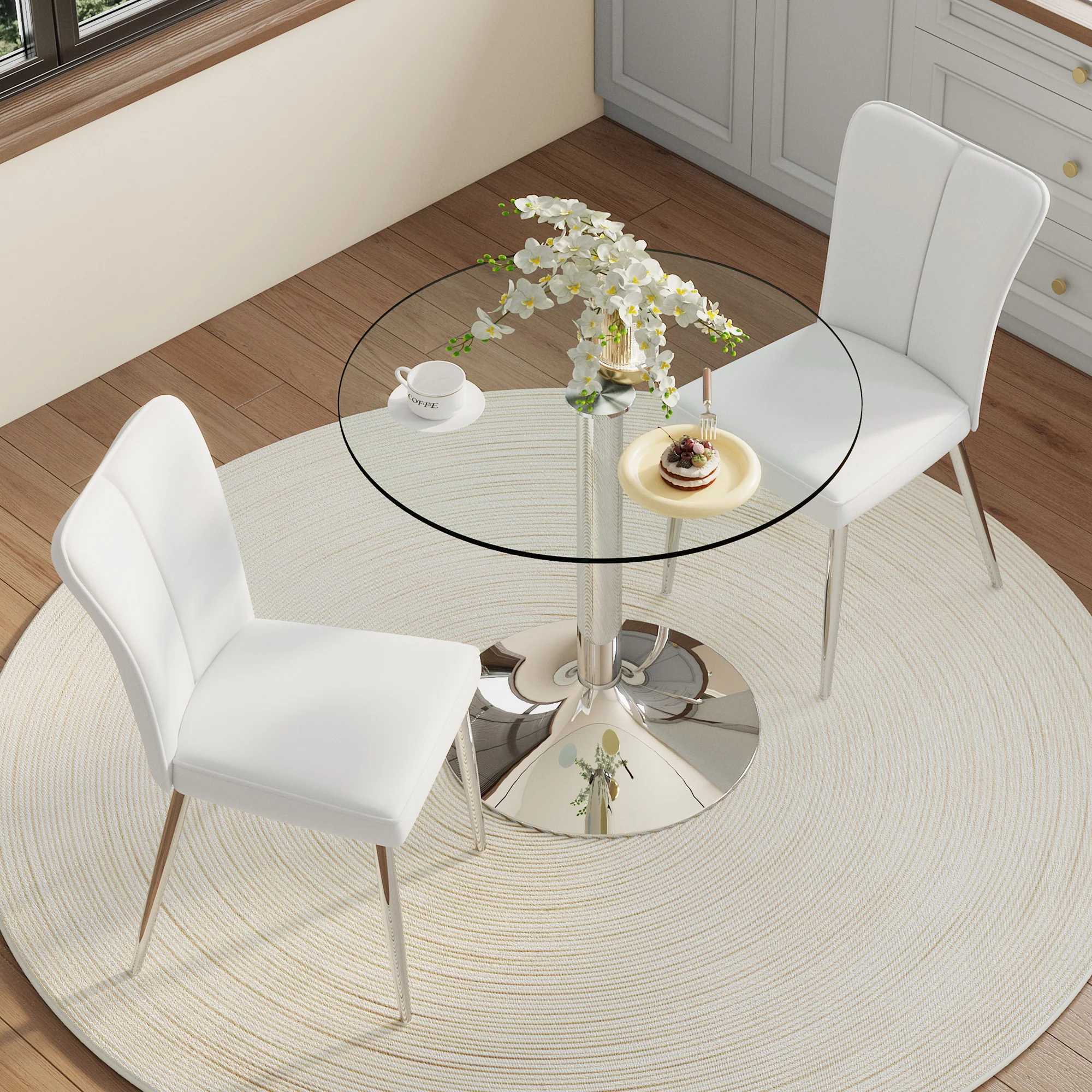 Modern Dining Set 85cm Tempered Glass Table with 2 PU Chairs - White - Image 2