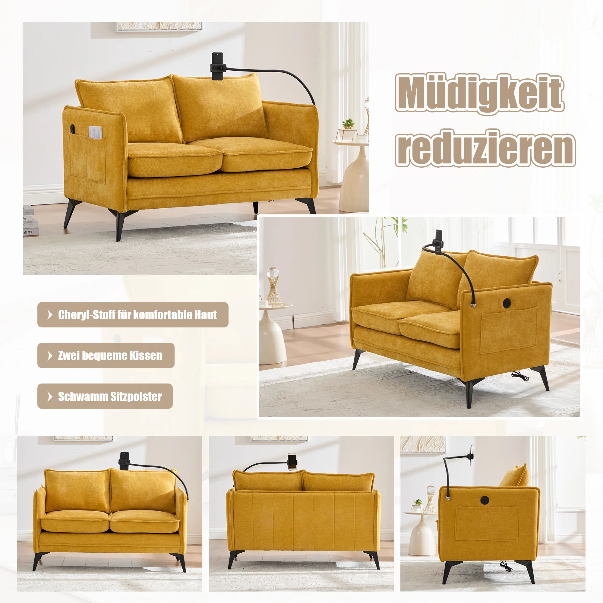 Modern Double Sofa with Storage Side Pocket and Adjustable Phone Holder, Fabric - Image 3