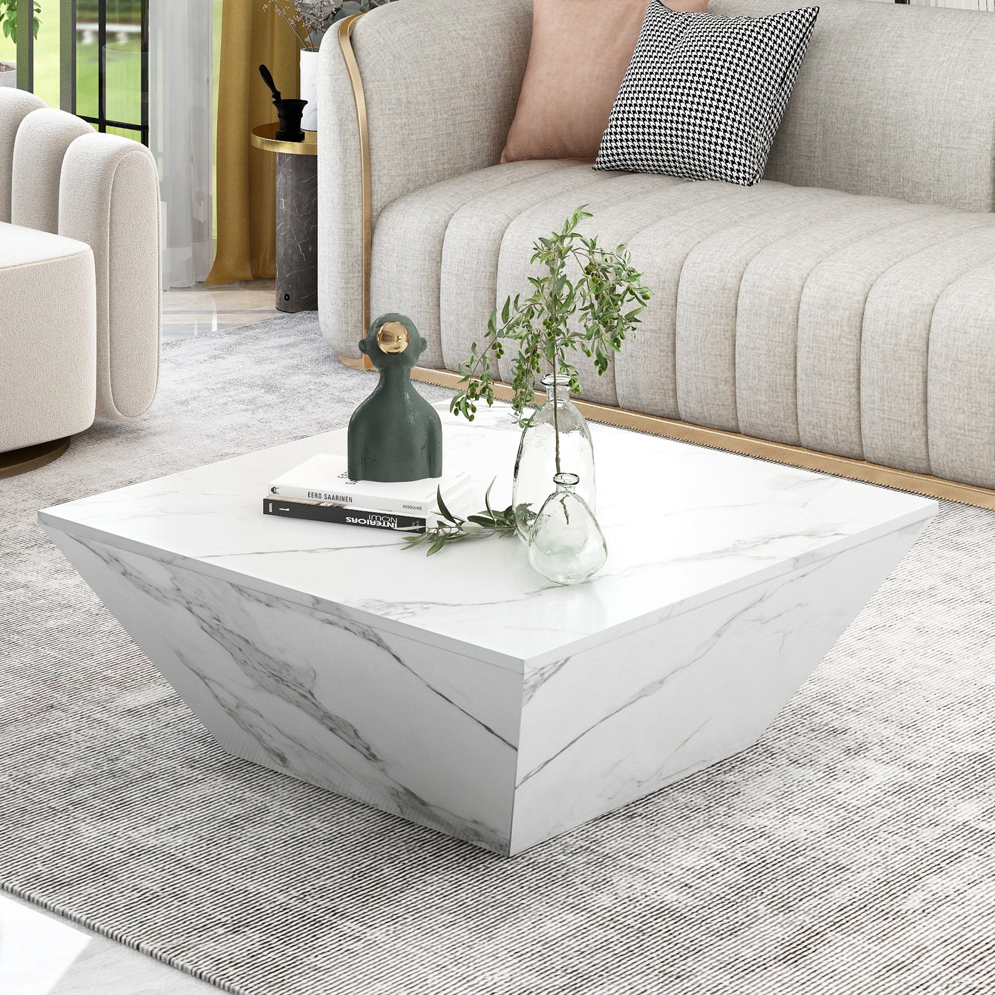 Modern Drum Coffee Table, Trapezoidal with Marble Veneer, White - Image 9