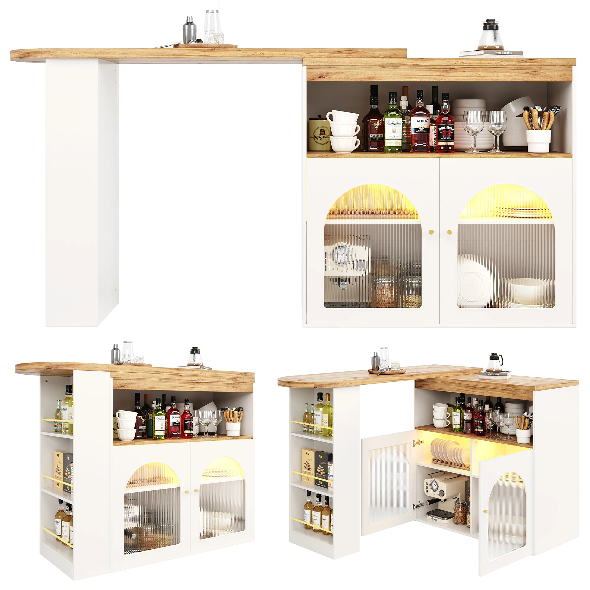Modern Extendable Bar Table Rotatable Storage LED Bistro White - Image 2