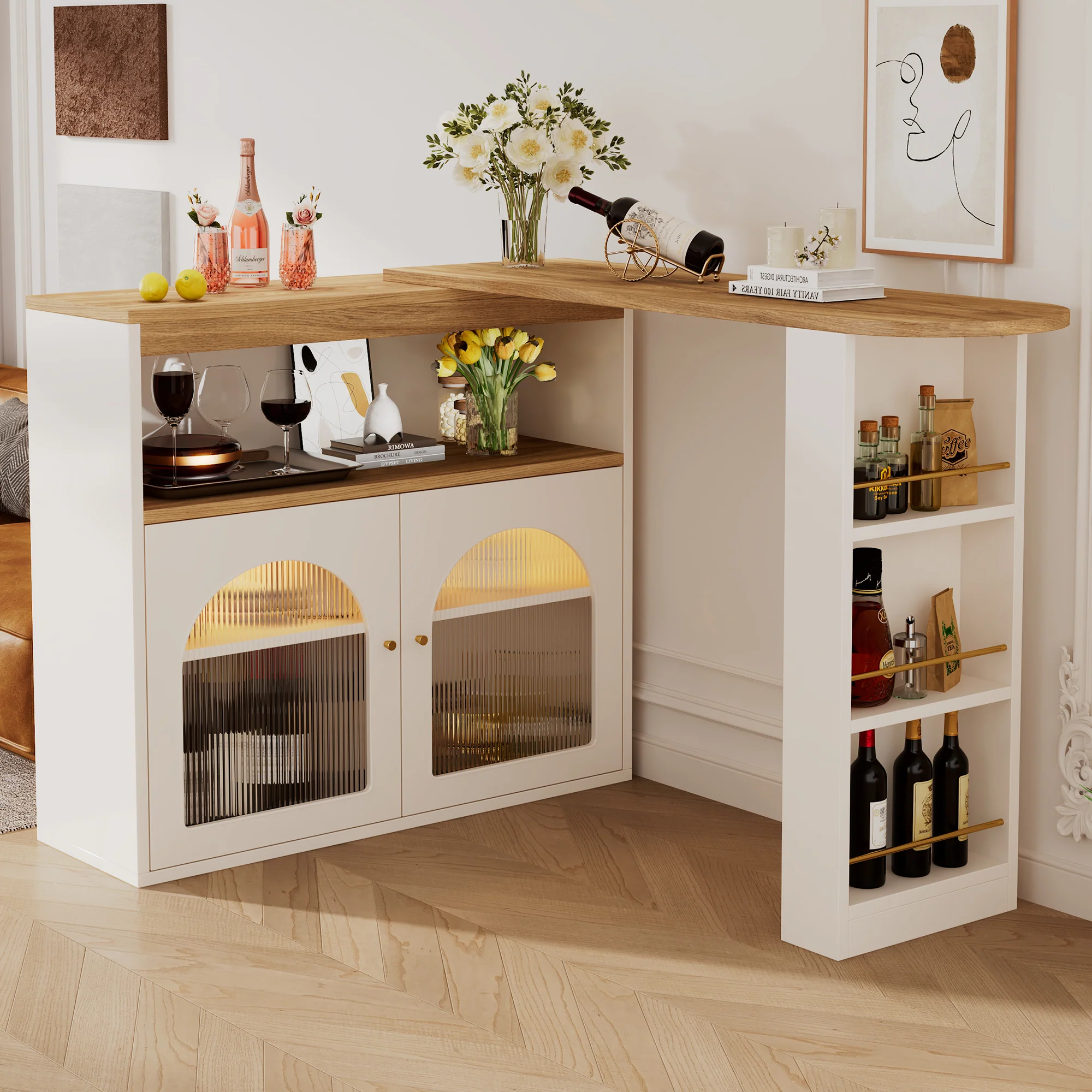 Modern Extendable Bar Table Rotatable Storage LED Bistro White - Image 3