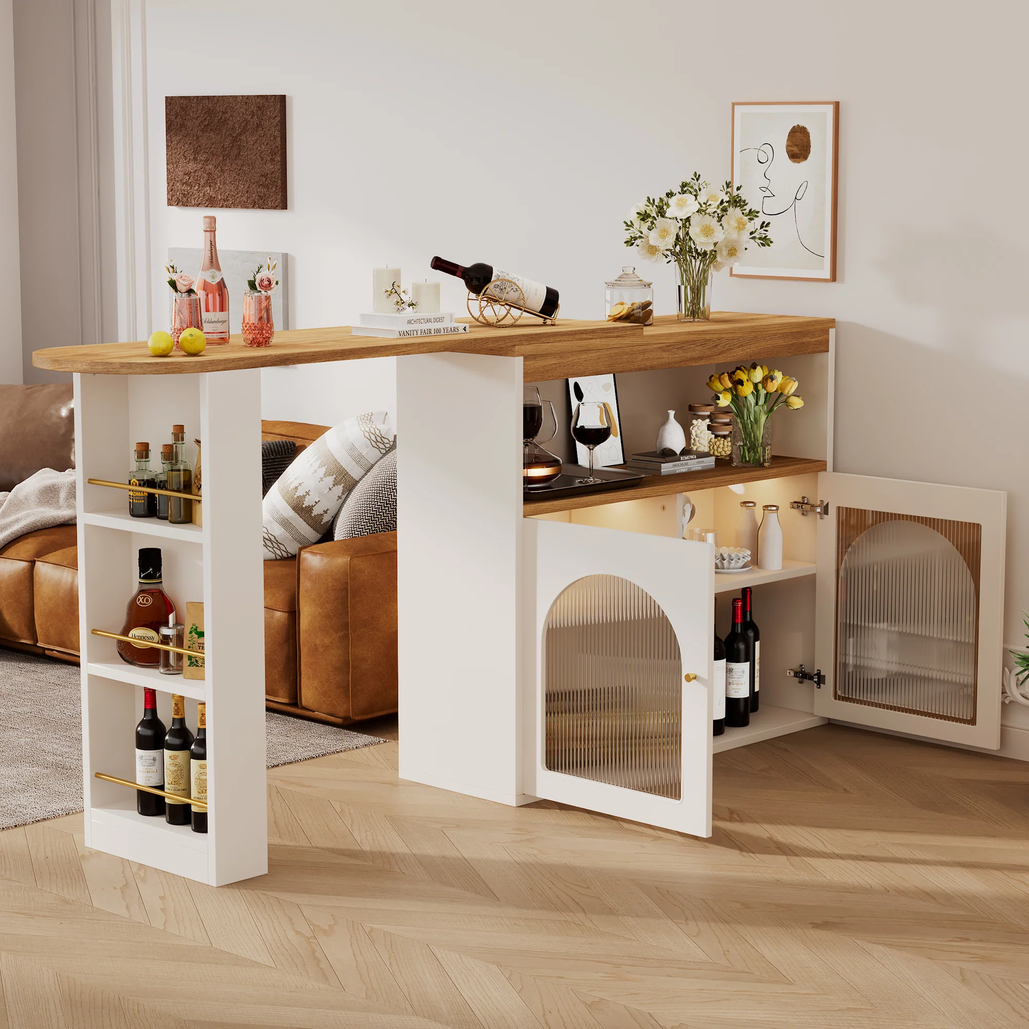 Modern Extendable Bar Table Rotatable Storage LED Bistro White - Image 4