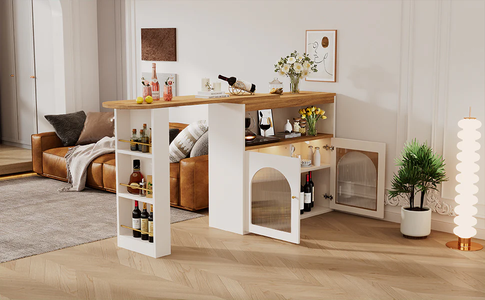Modern Extendable Bar Table Rotatable Storage LED Bistro White - Image 6