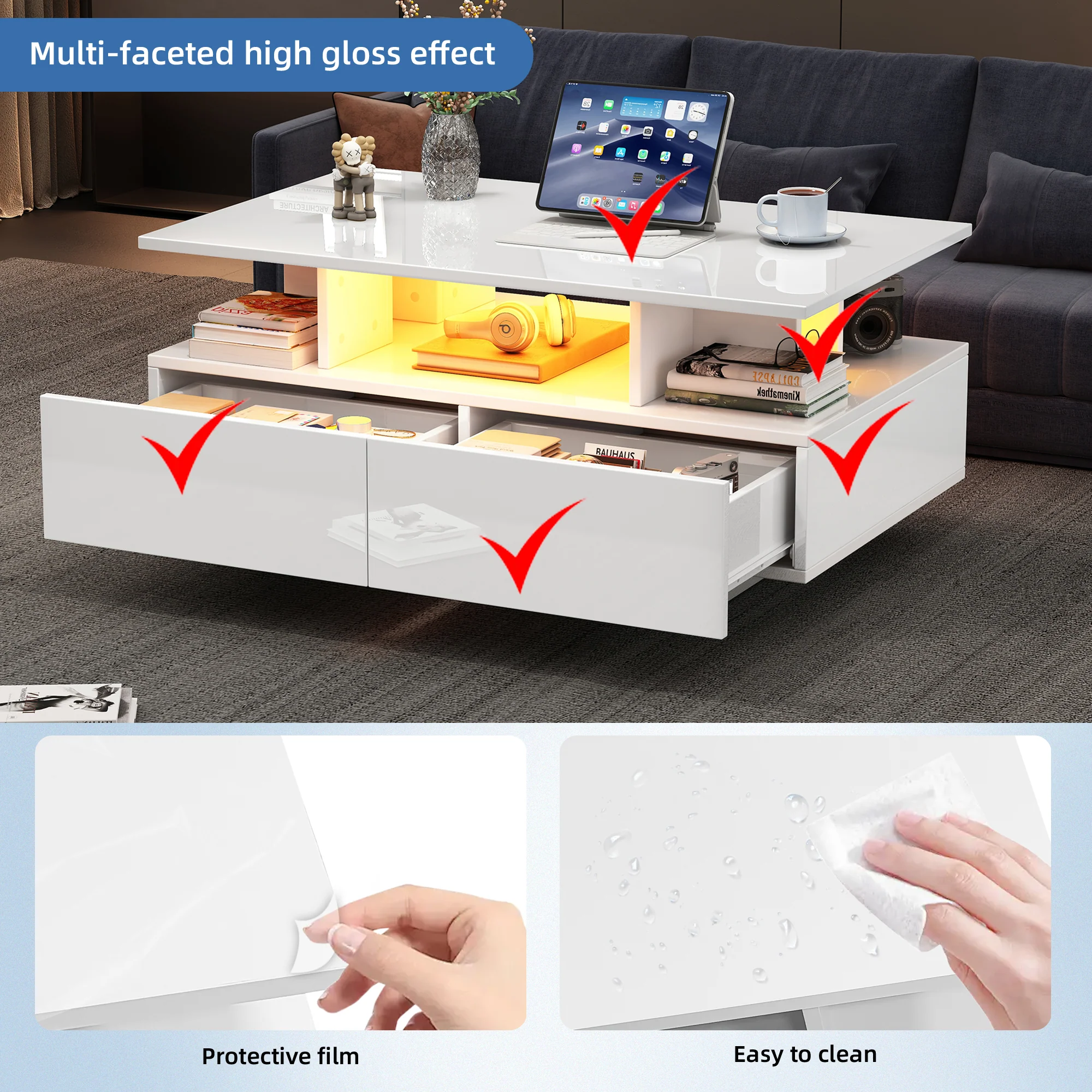 Modern high-gloss coffee table with LED lighting and 2 drawers 90x55x41 cm, 30 kg load capacity - Image 10