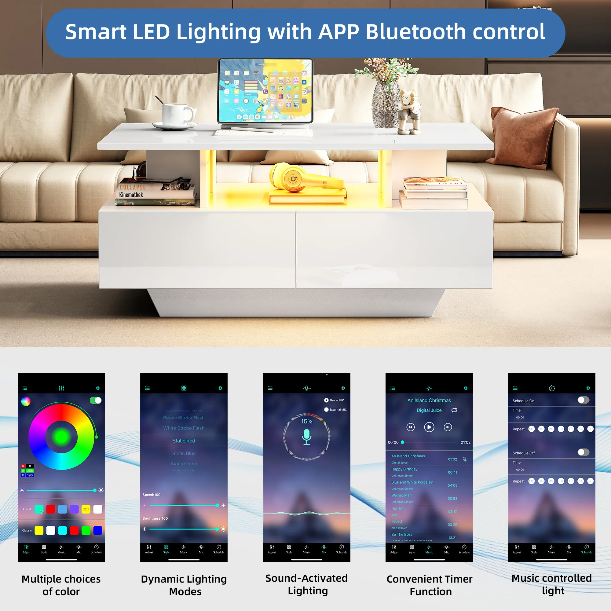 Modern high-gloss coffee table with LED lighting and 2 drawers 90x55x41 cm, 30 kg load capacity - Image 11