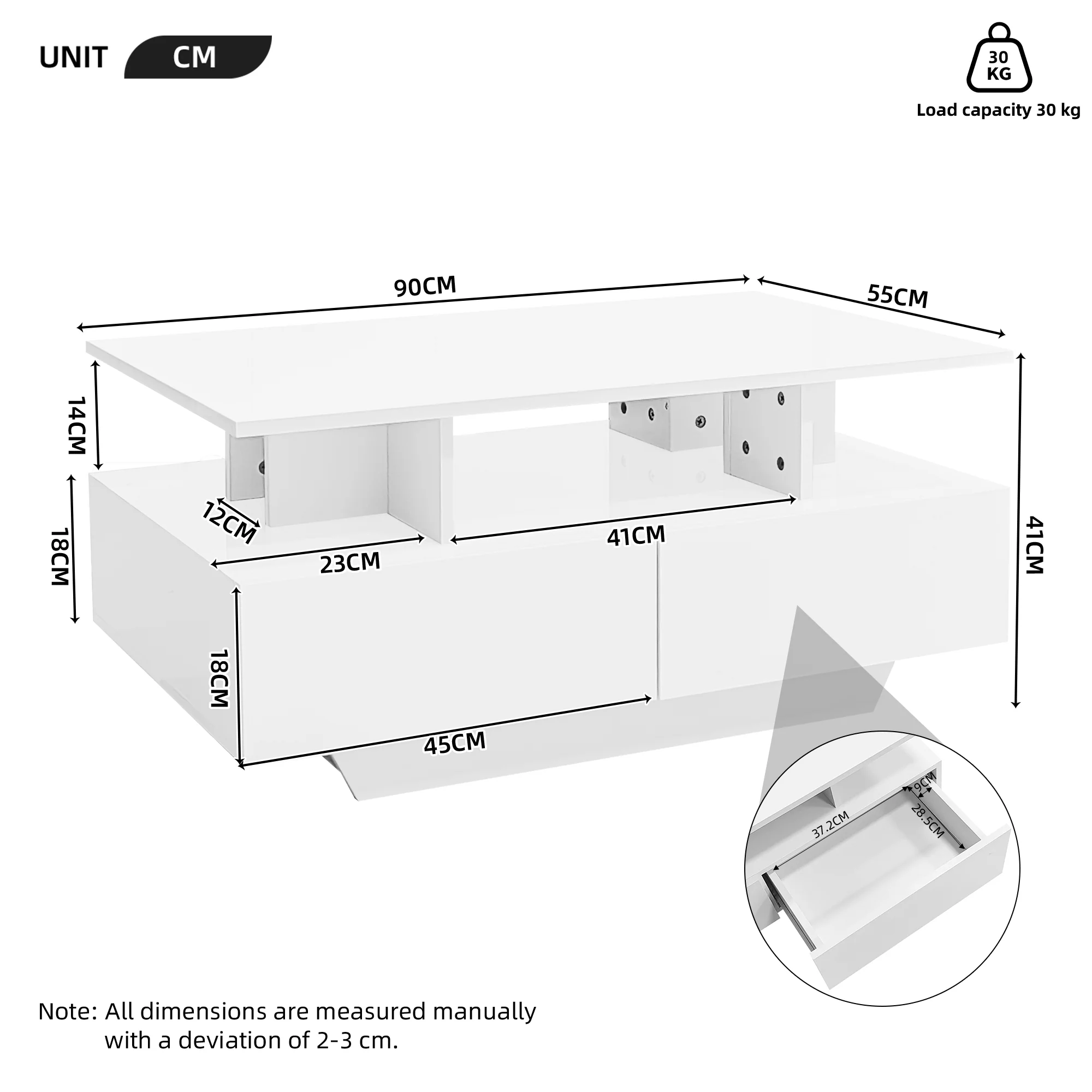 Modern high-gloss coffee table with LED lighting and 2 drawers 90x55x41 cm, 30 kg load capacity - Image 12