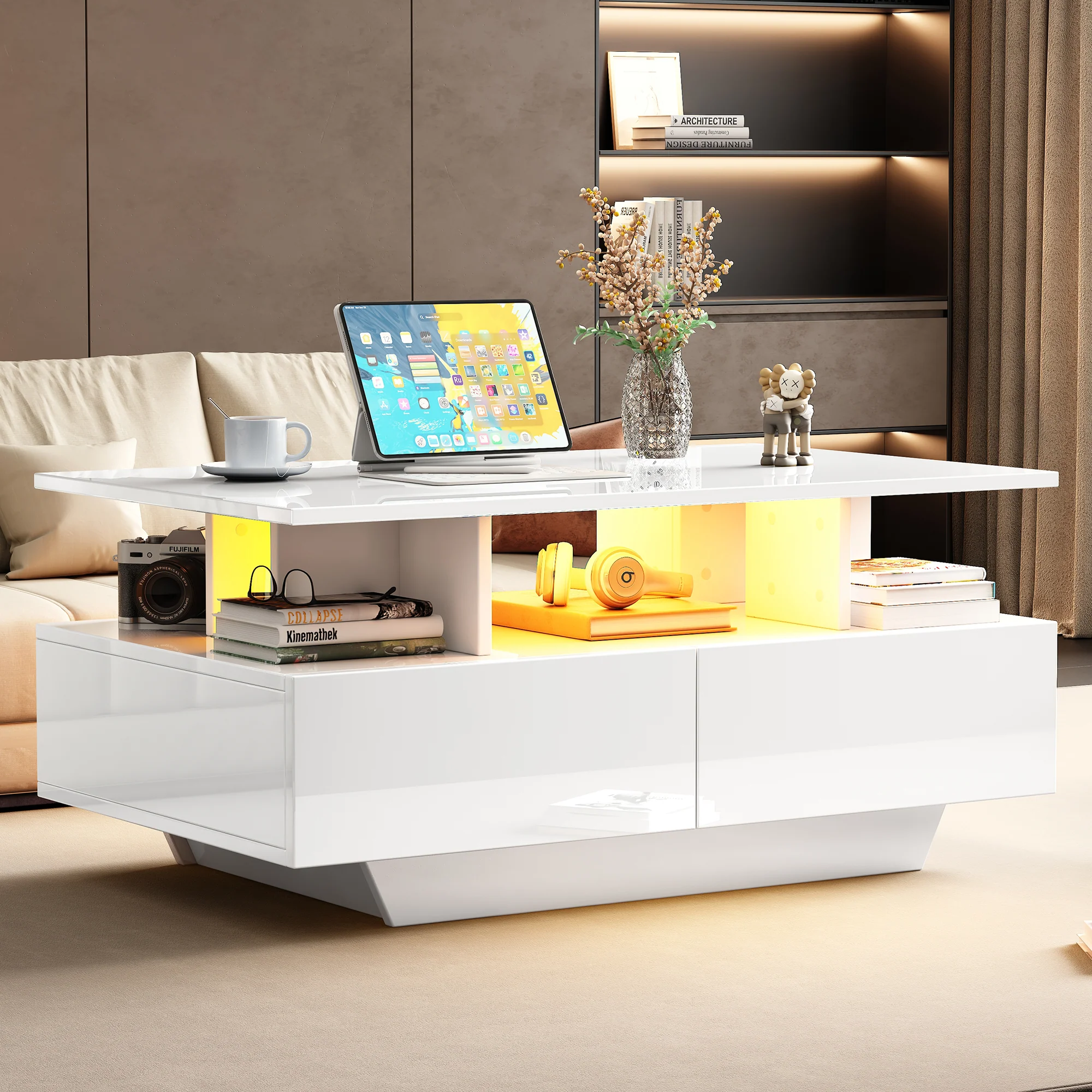 Modern high-gloss coffee table with LED lighting and 2 drawers 90x55x41 cm, 30 kg load capacity - Image 2