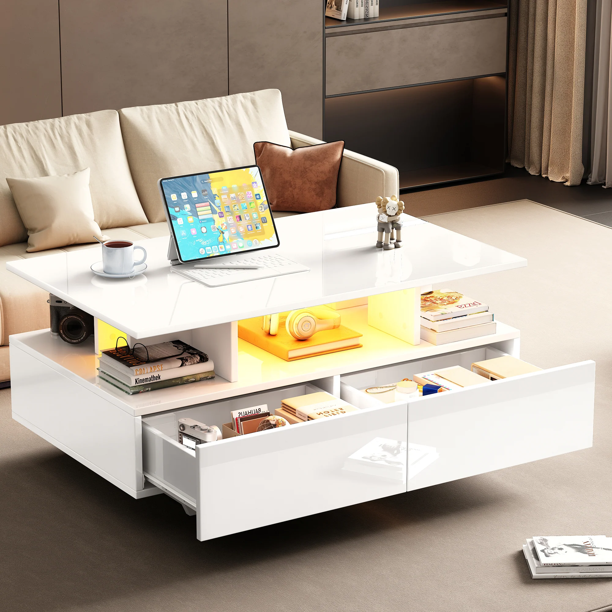 Modern high-gloss coffee table with LED lighting and 2 drawers 90x55x41 cm, 30 kg load capacity - Image 3