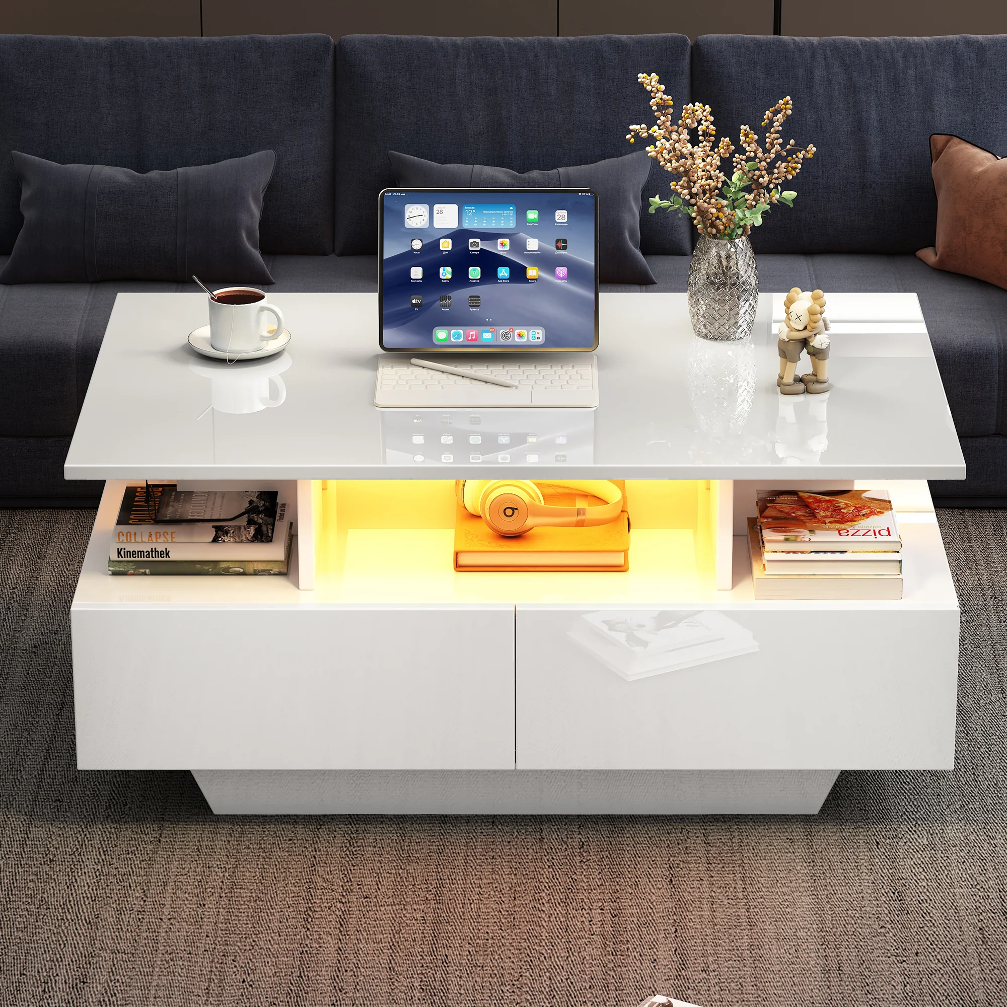 Modern high-gloss coffee table with LED lighting and 2 drawers 90x55x41 cm, 30 kg load capacity - Image 4