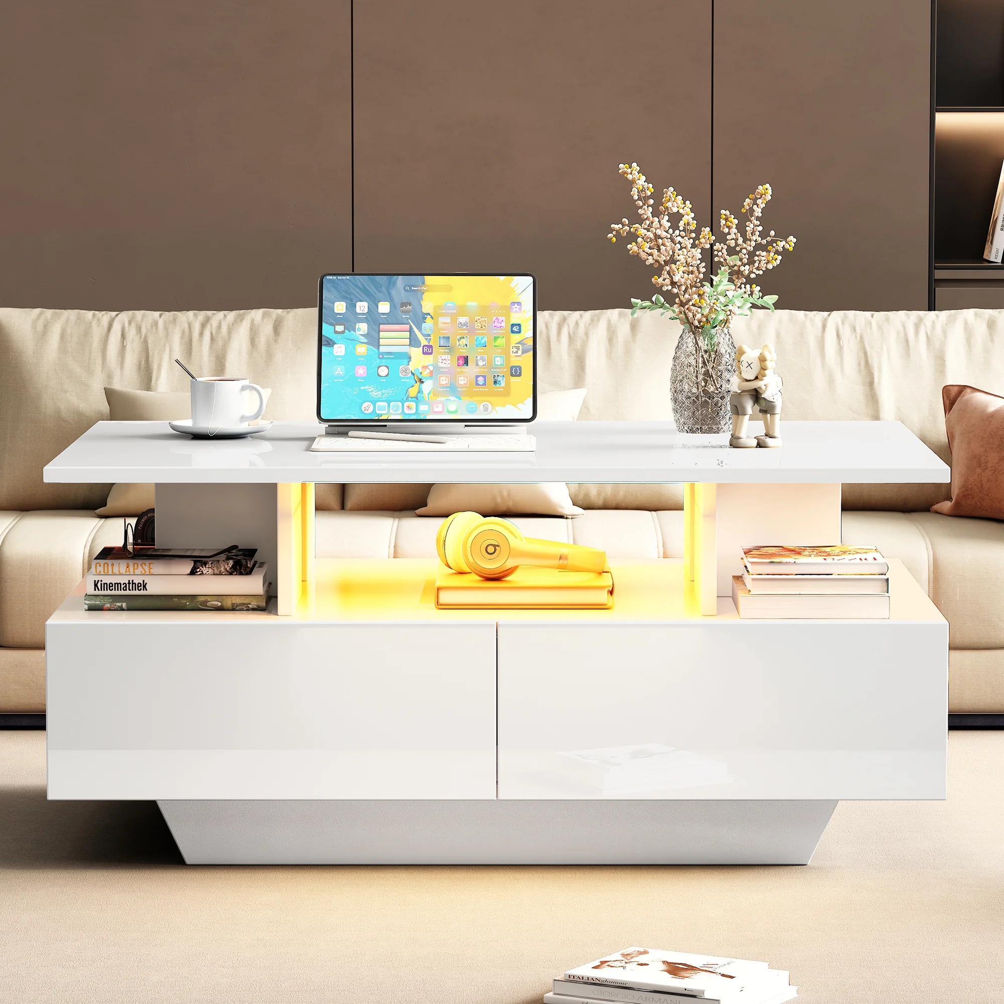 Modern high-gloss coffee table with LED lighting and 2 drawers 90x55x41 cm, 30 kg load capacity - Image 5
