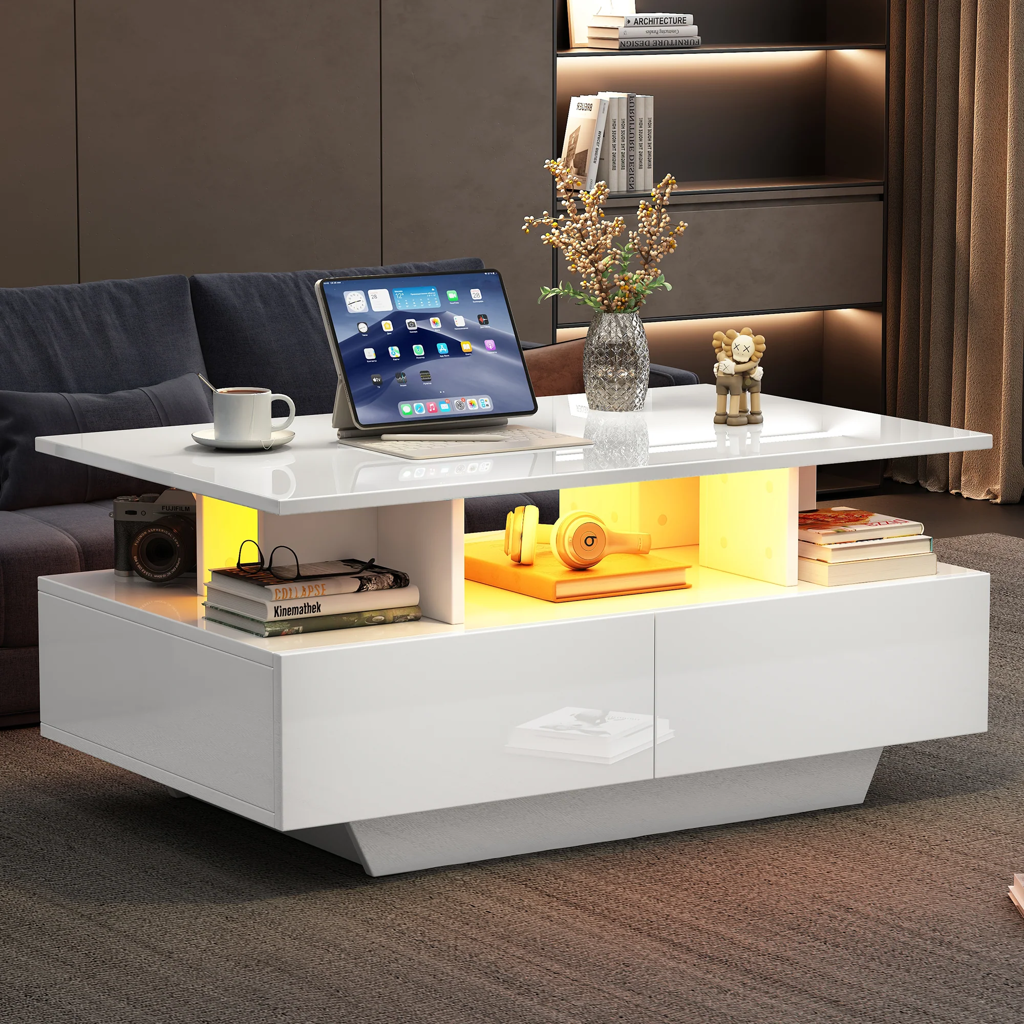 Modern high-gloss coffee table with LED lighting and 2 drawers 90x55x41 cm, 30 kg load capacity - Image 6