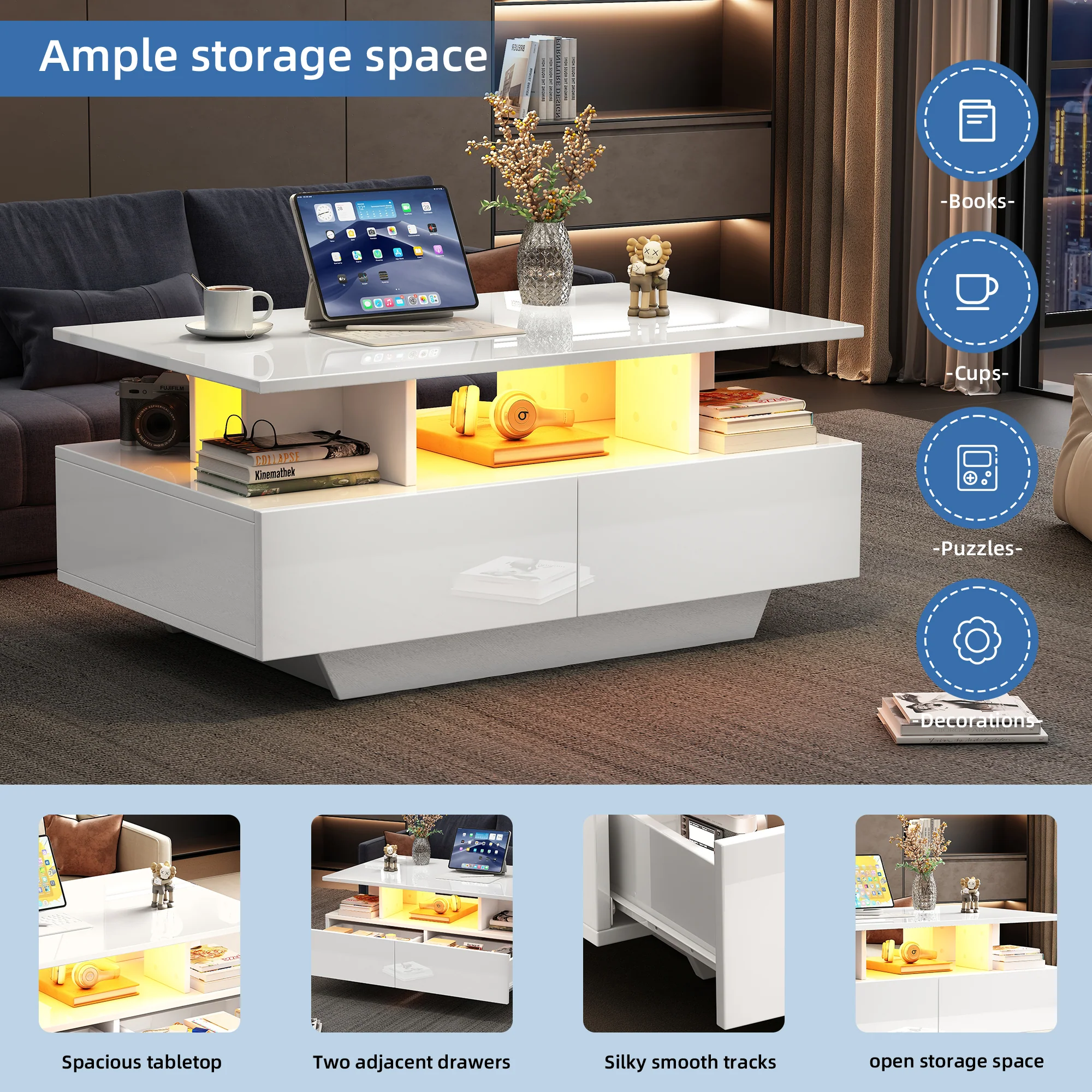 Modern high-gloss coffee table with LED lighting and 2 drawers 90x55x41 cm, 30 kg load capacity - Image 7