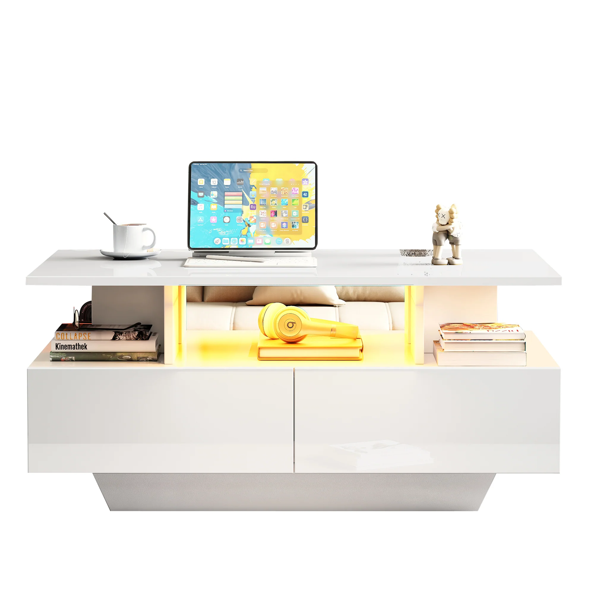 Modern high-gloss coffee table with LED lighting and 2 drawers 90x55x41 cm, 30 kg load capacity - Image 8