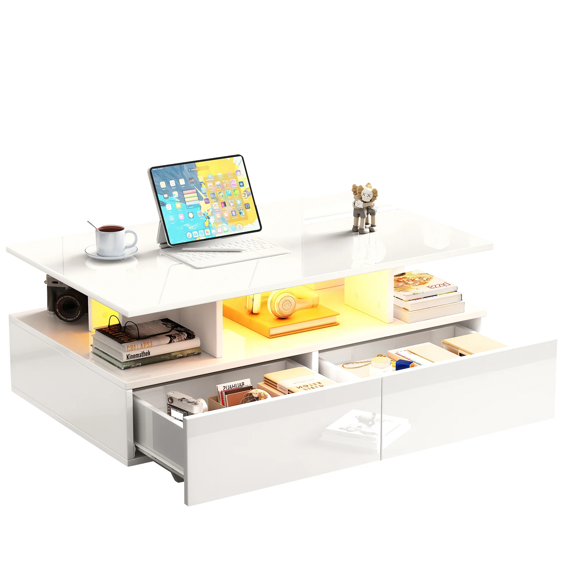 Modern high-gloss coffee table with LED lighting and 2 drawers 90x55x41 cm, 30 kg load capacity - Image 9