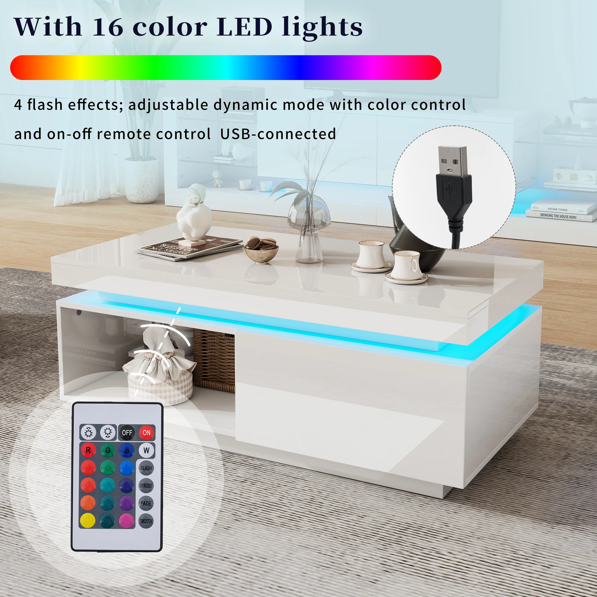 Modern high-gloss coffee table with LED lighting and drawer, 50 kg capacity - Image 10