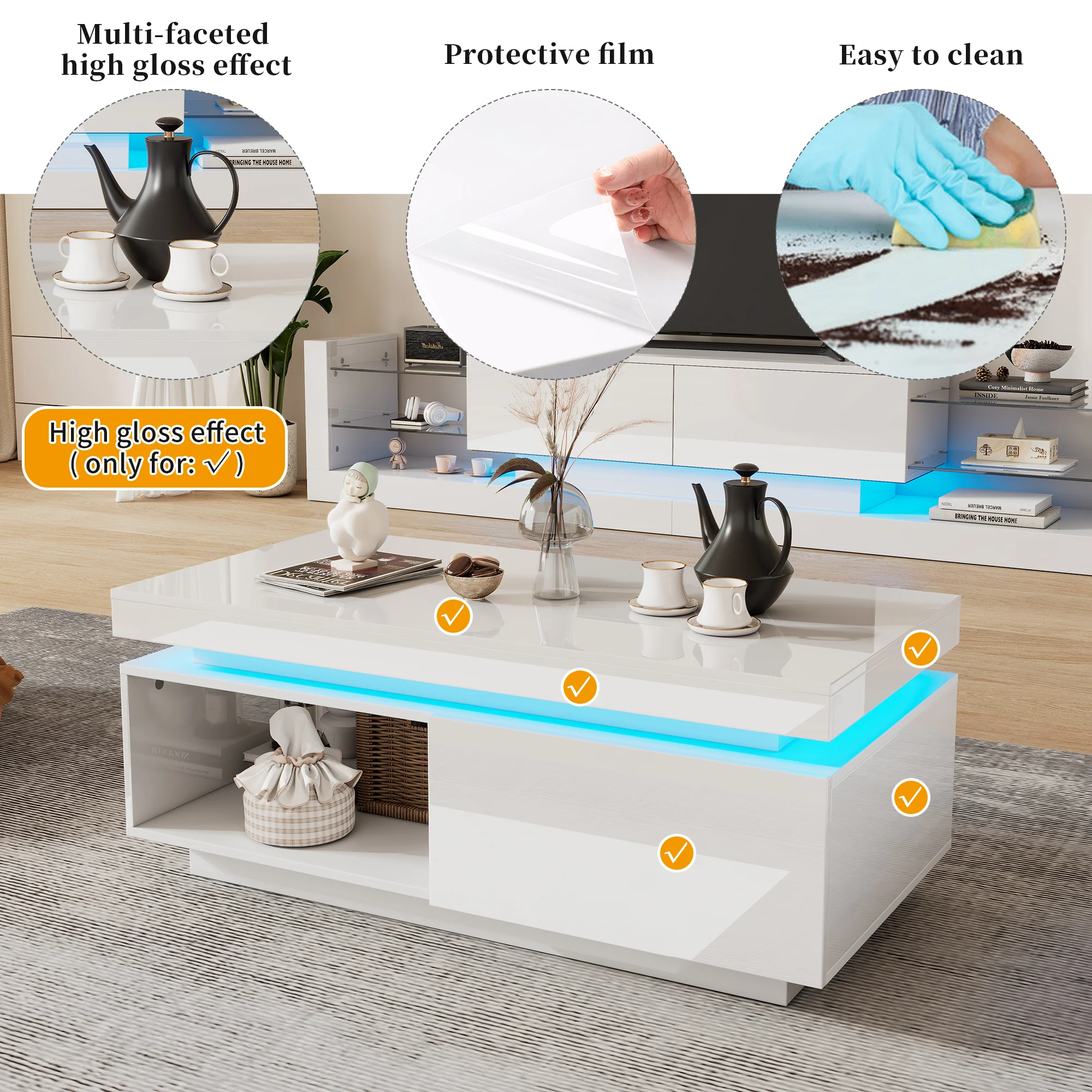 Modern high-gloss coffee table with LED lighting and drawer, 50 kg capacity - Image 11