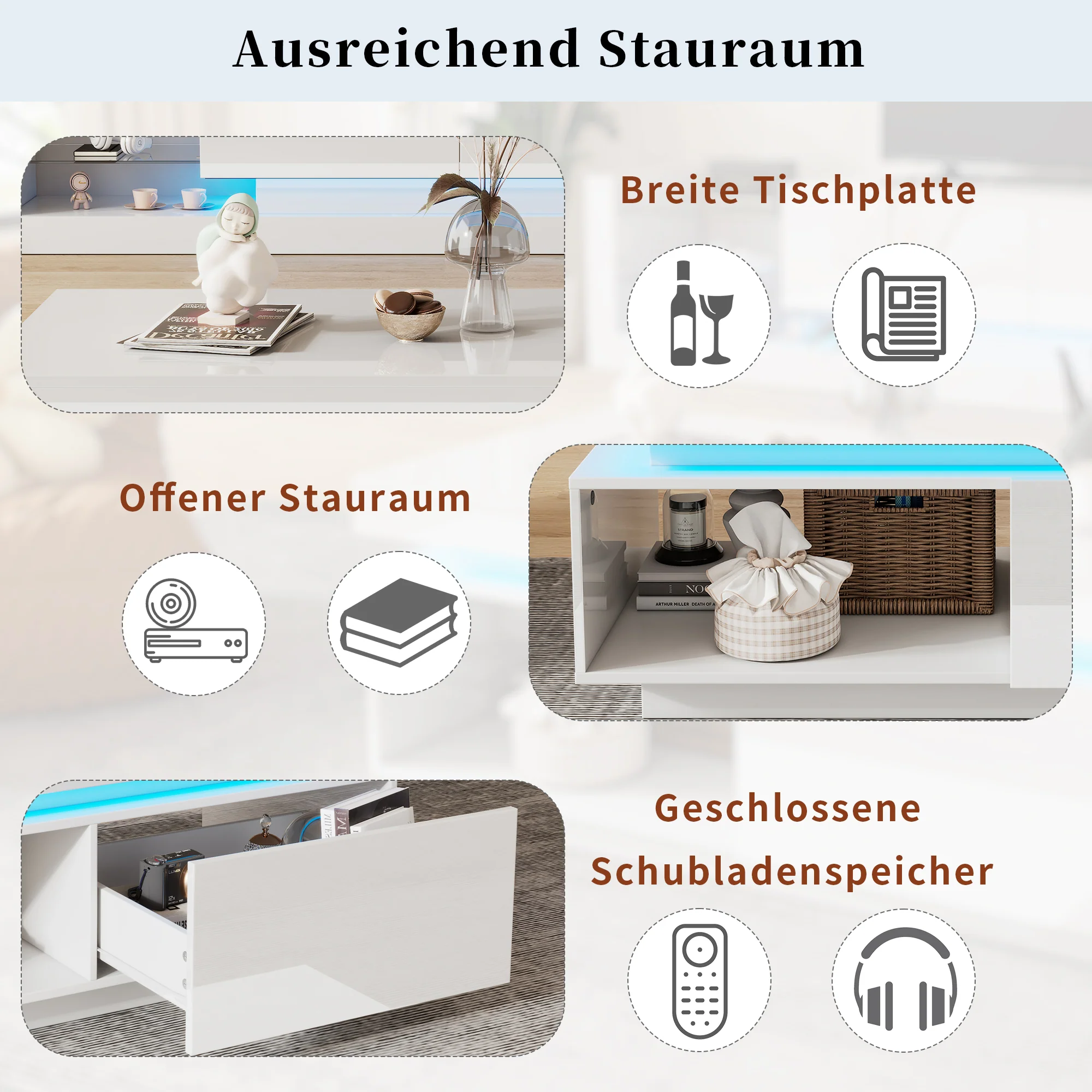 Modern high-gloss coffee table with LED lighting and drawer, 50 kg capacity - Image 12