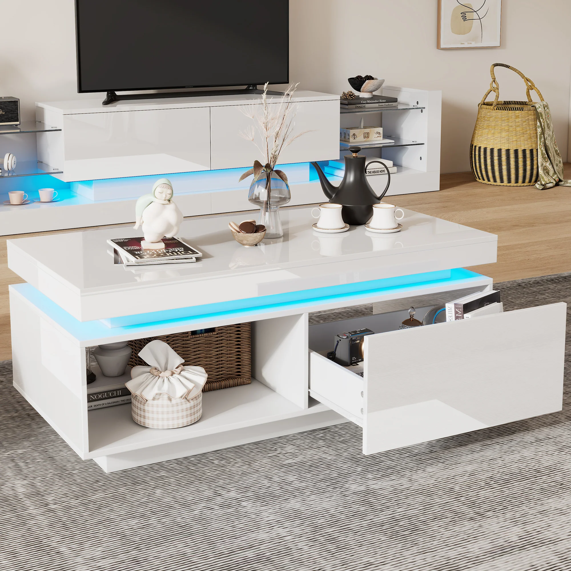 Modern high-gloss coffee table with LED lighting and drawer, 50 kg capacity - Image 2