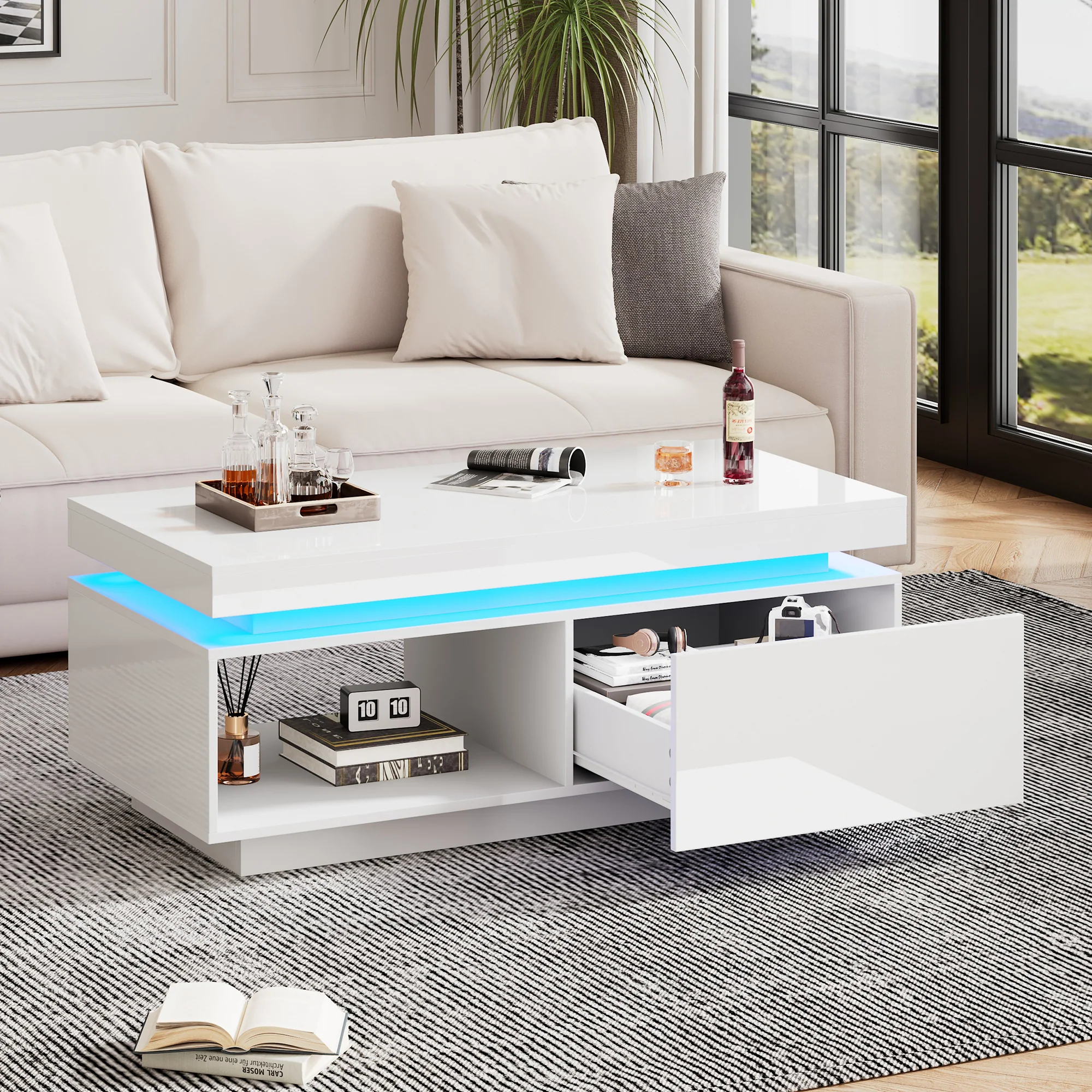 Modern high-gloss coffee table with LED lighting and drawer, 50 kg capacity - Image 3