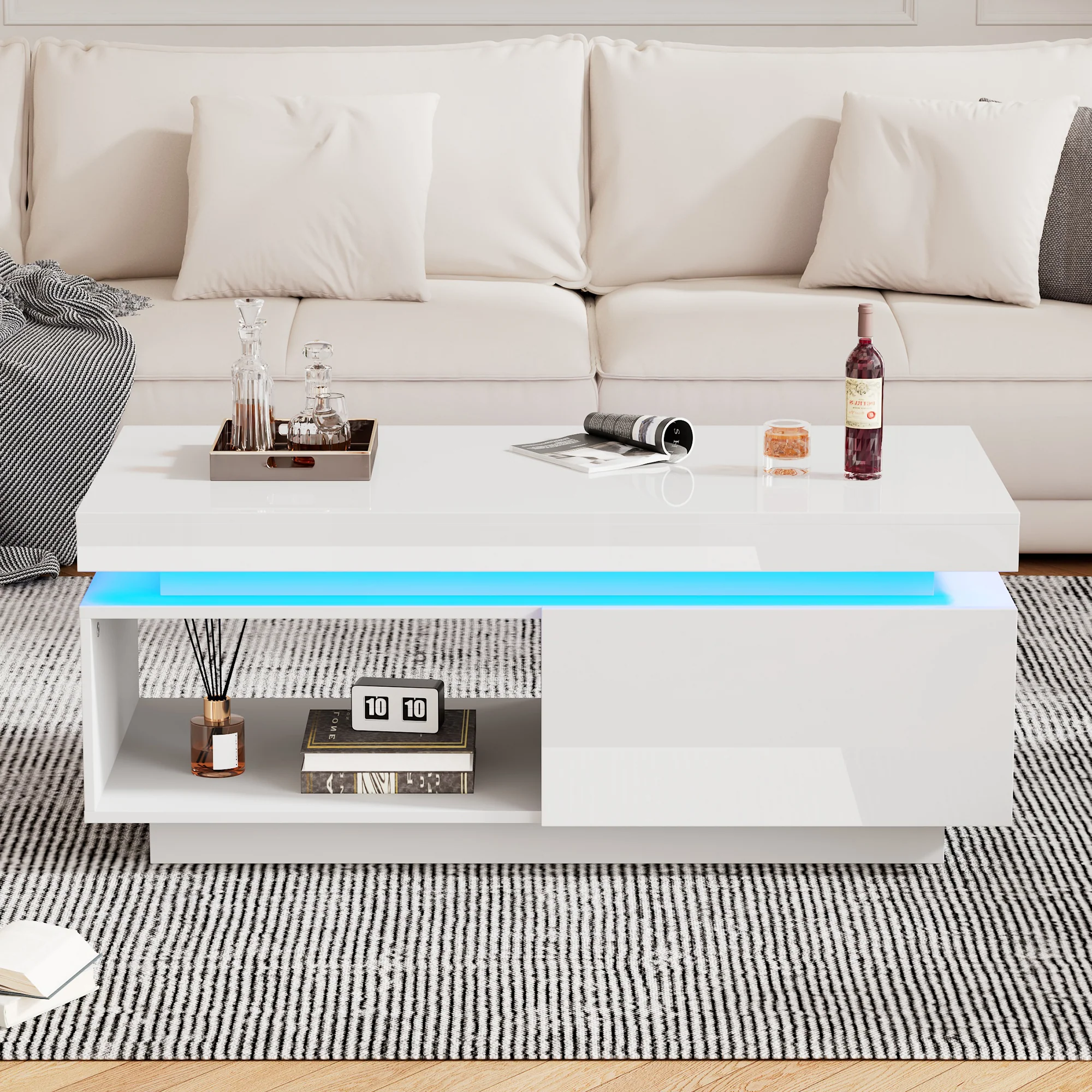Modern high-gloss coffee table with LED lighting and drawer, 50 kg capacity - Image 4