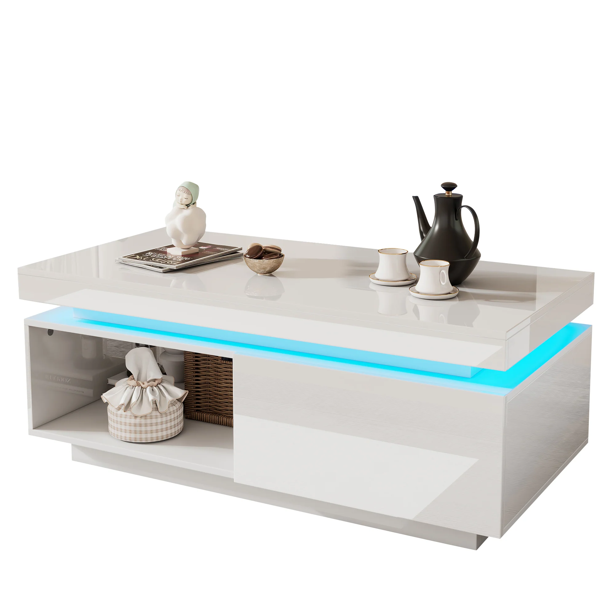 Modern high-gloss coffee table with LED lighting and drawer, 50 kg capacity - Image 7