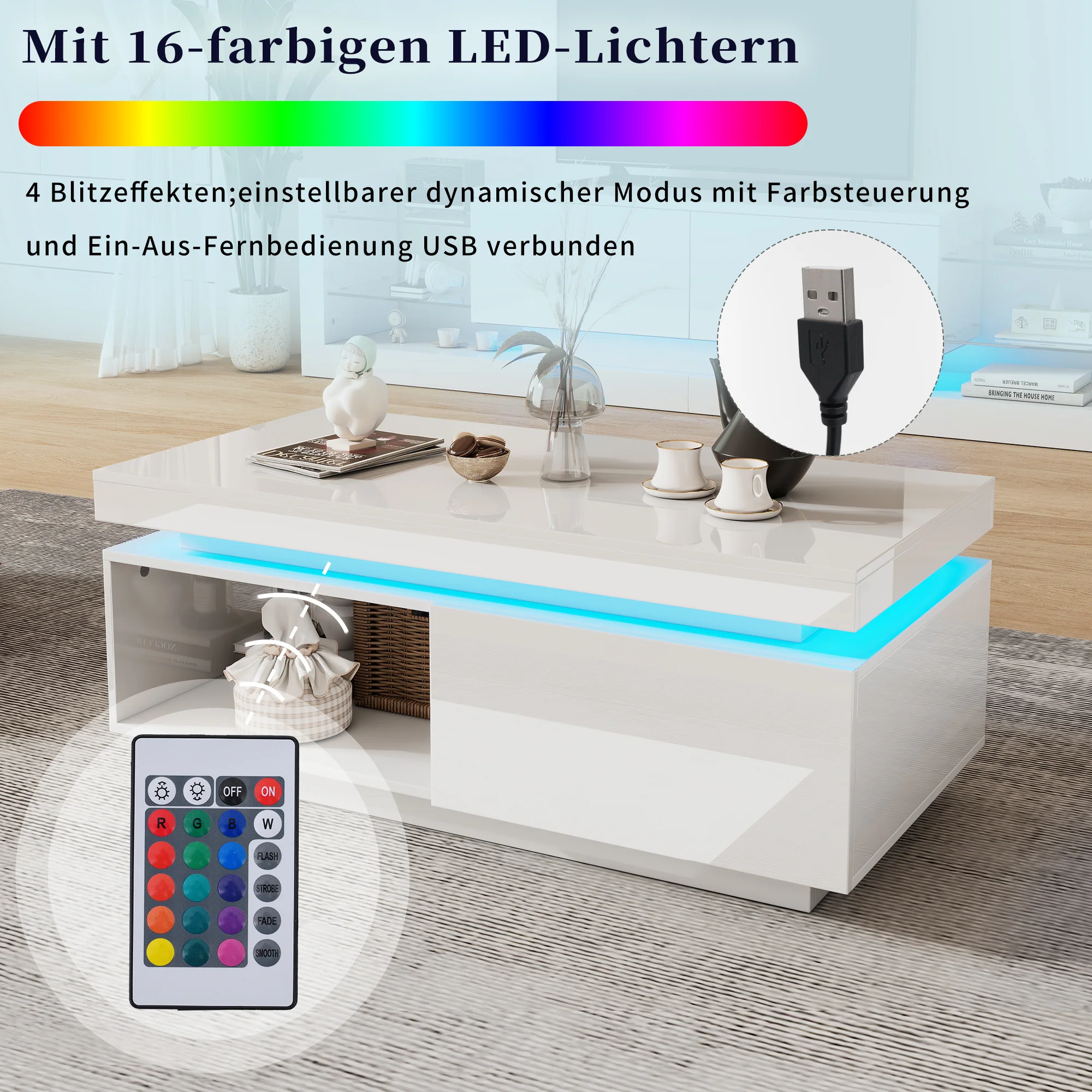 Modern high-gloss coffee table with LED lighting and drawer, 50 kg capacity - Image 9