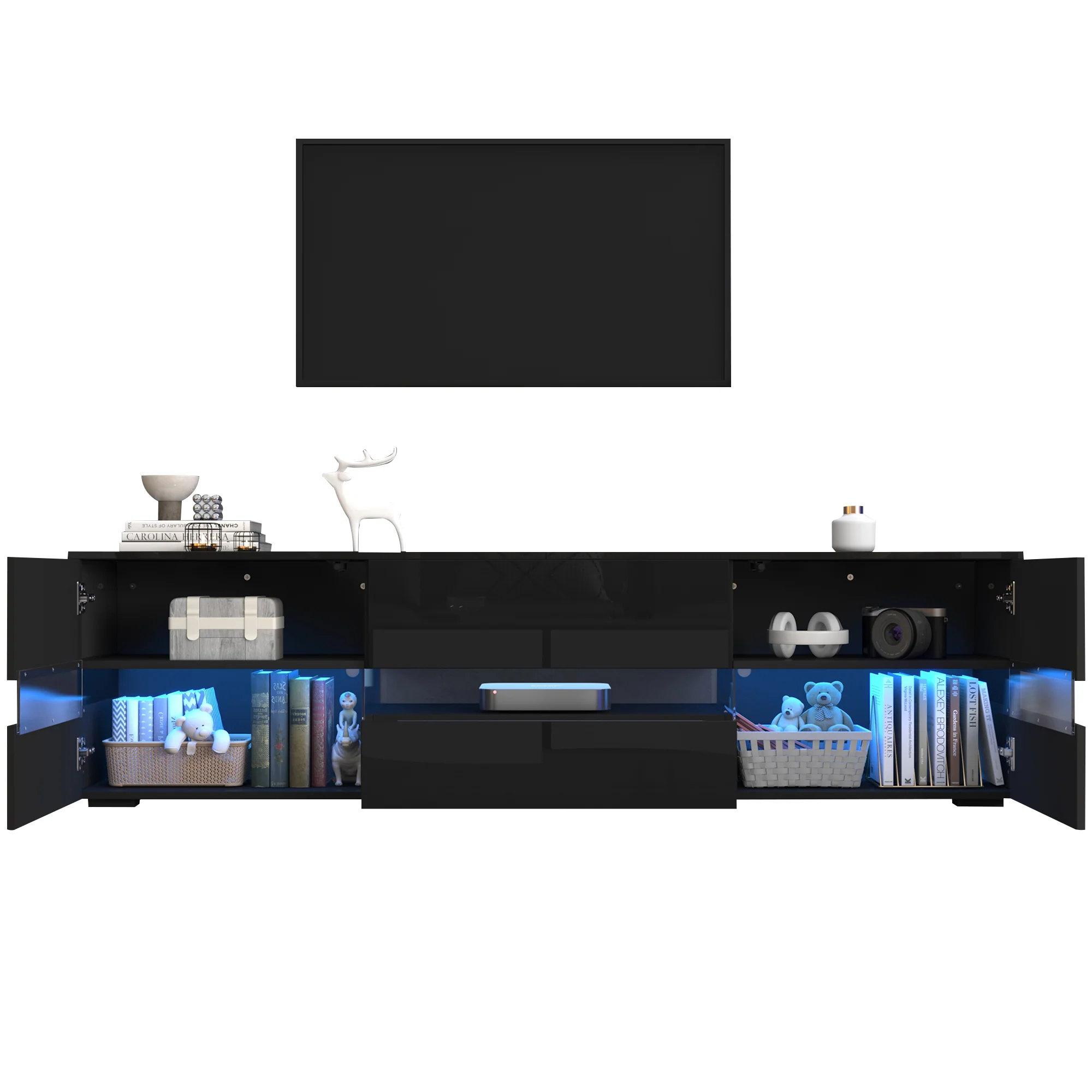 Modern High-Gloss TV Cabinet 160x39x45cm LED 2 Doors 1 Drawer - Black - Image 10
