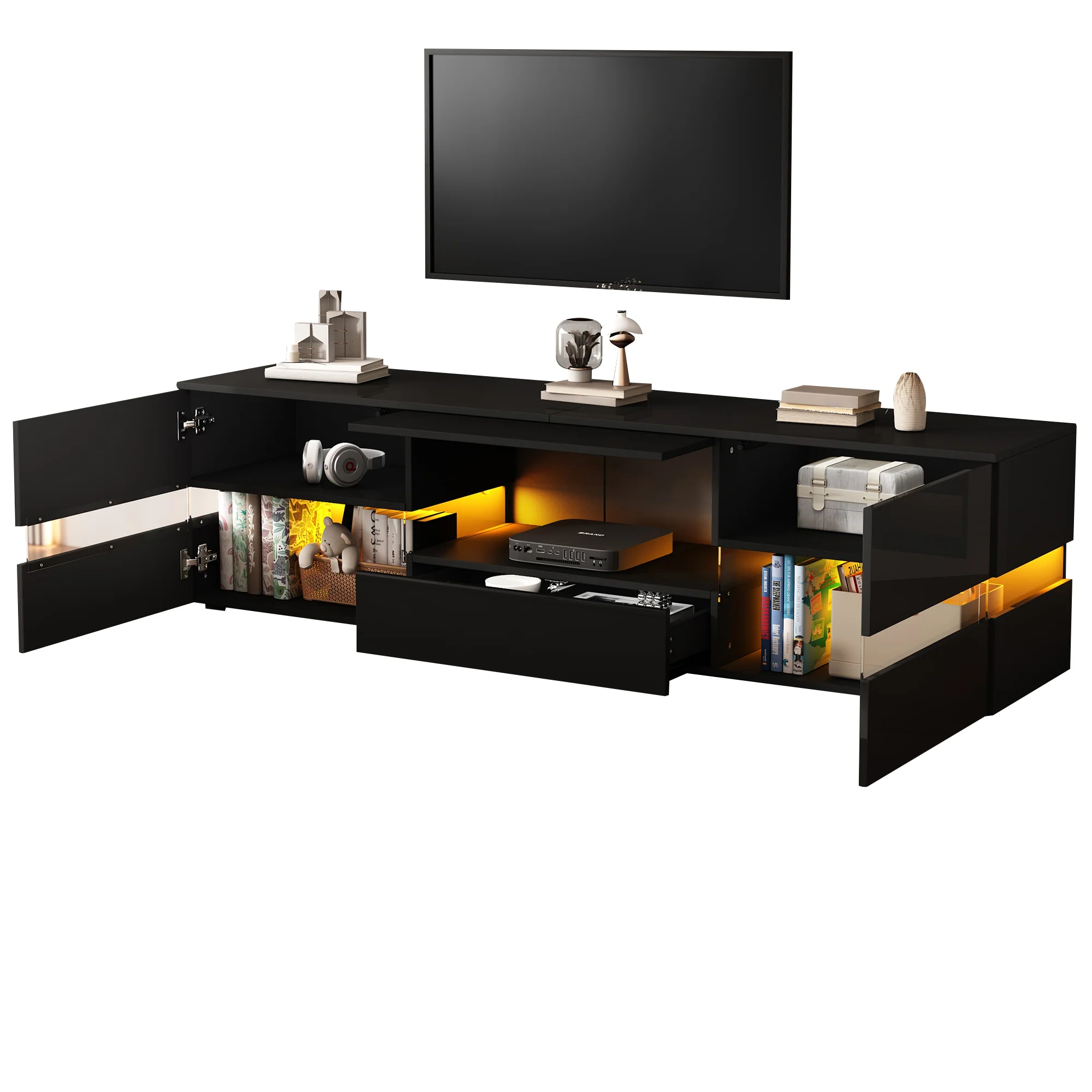 Modern High-Gloss TV Cabinet 160x39x45cm LED 2 Doors 1 Drawer - Black - Image 2
