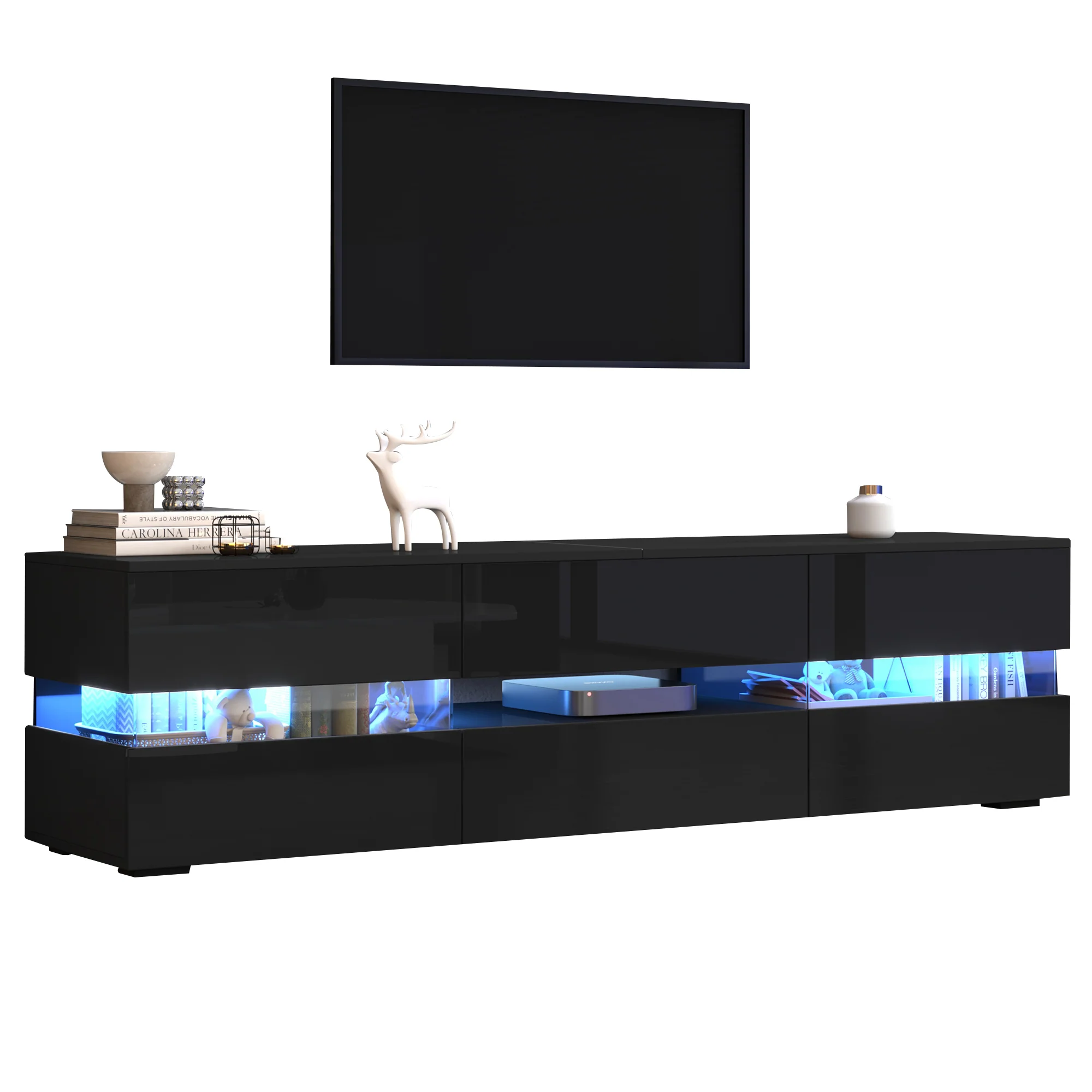 Modern High-Gloss TV Cabinet 160x39x45cm LED 2 Doors 1 Drawer - Black - Image 3