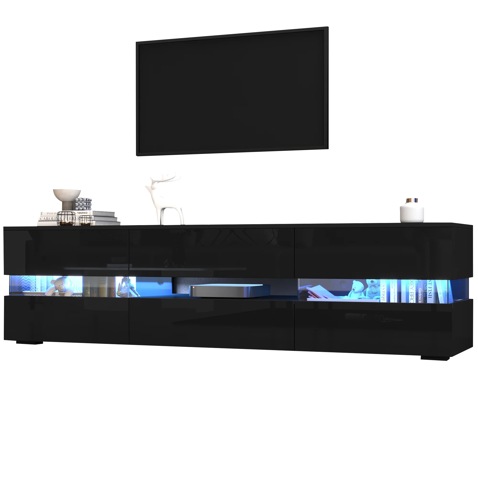 Modern High-Gloss TV Cabinet 160x39x45cm LED 2 Doors 1 Drawer - Black - Image 4