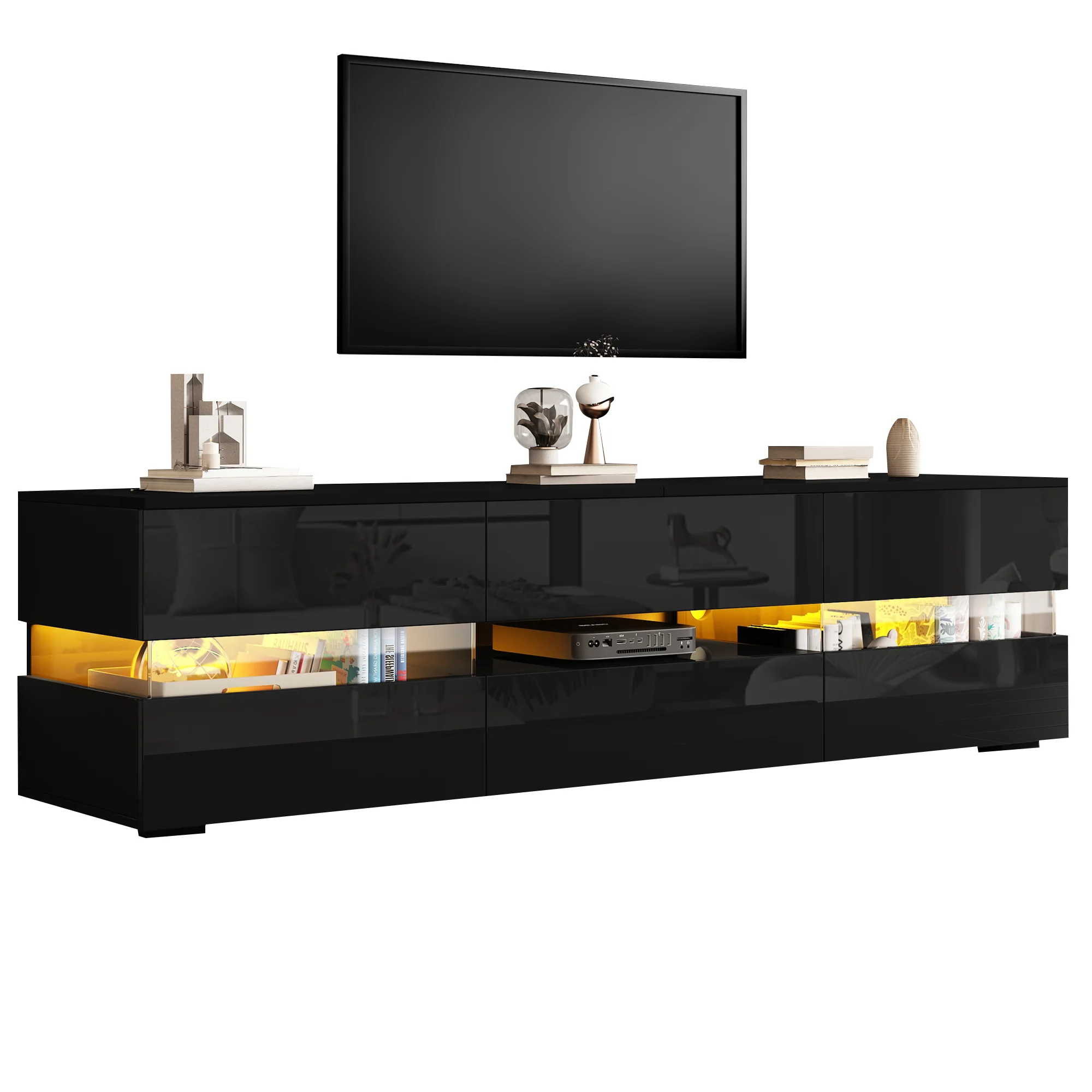 Modern High-Gloss TV Cabinet 160x39x45cm LED 2 Doors 1 Drawer - Black - Image 5