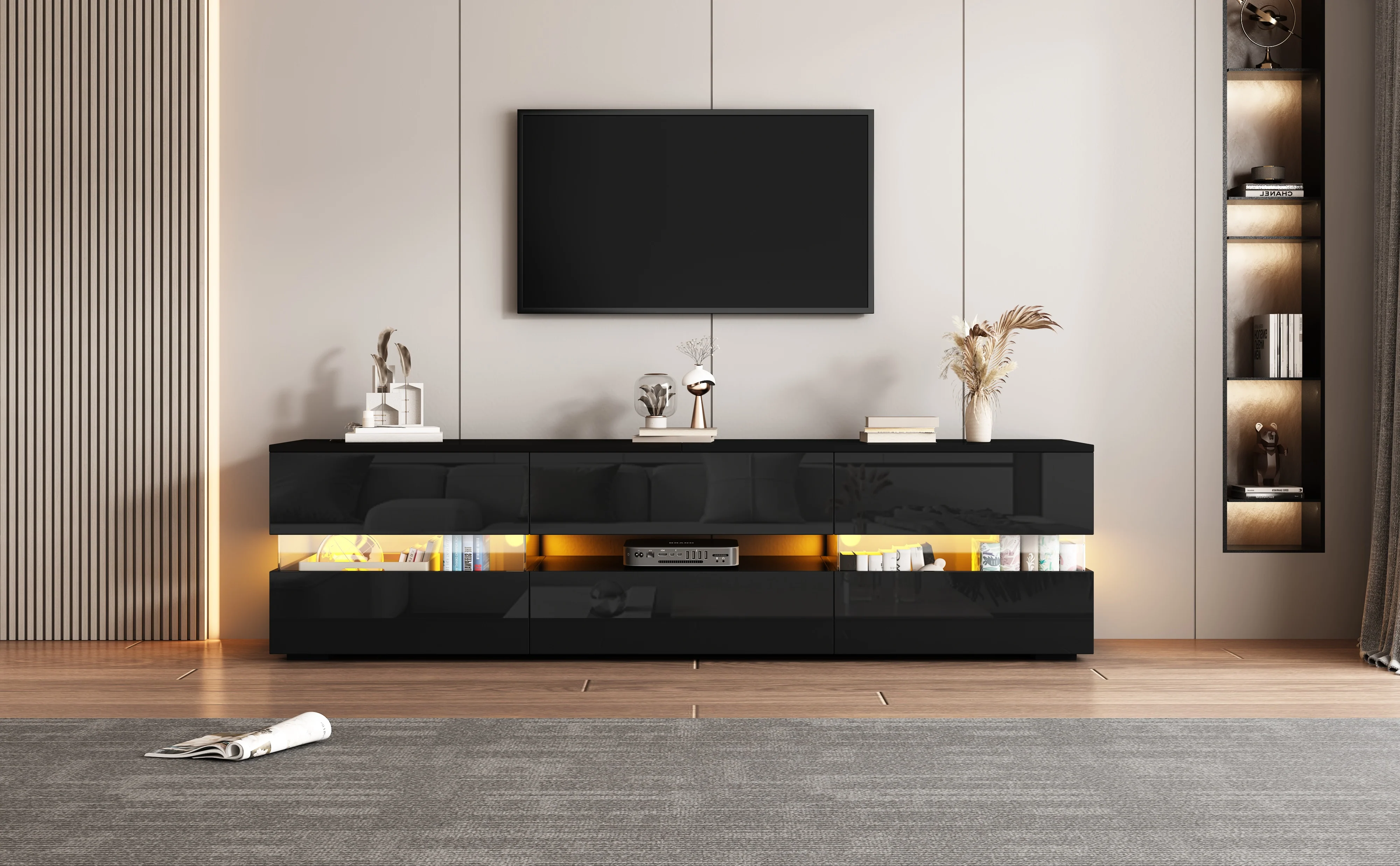 Modern High-Gloss TV Cabinet 160x39x45cm LED 2 Doors 1 Drawer - Black - Image 6