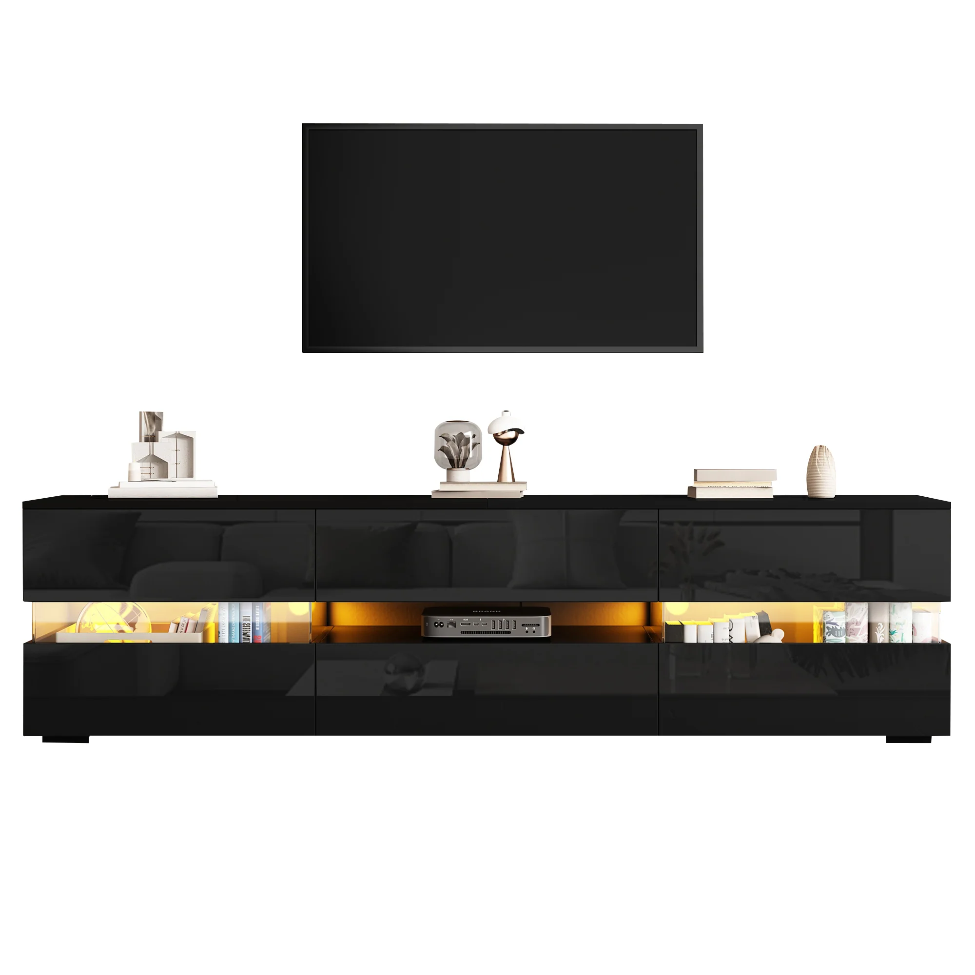 Modern High-Gloss TV Cabinet 160x39x45cm LED 2 Doors 1 Drawer - Black - Image 7