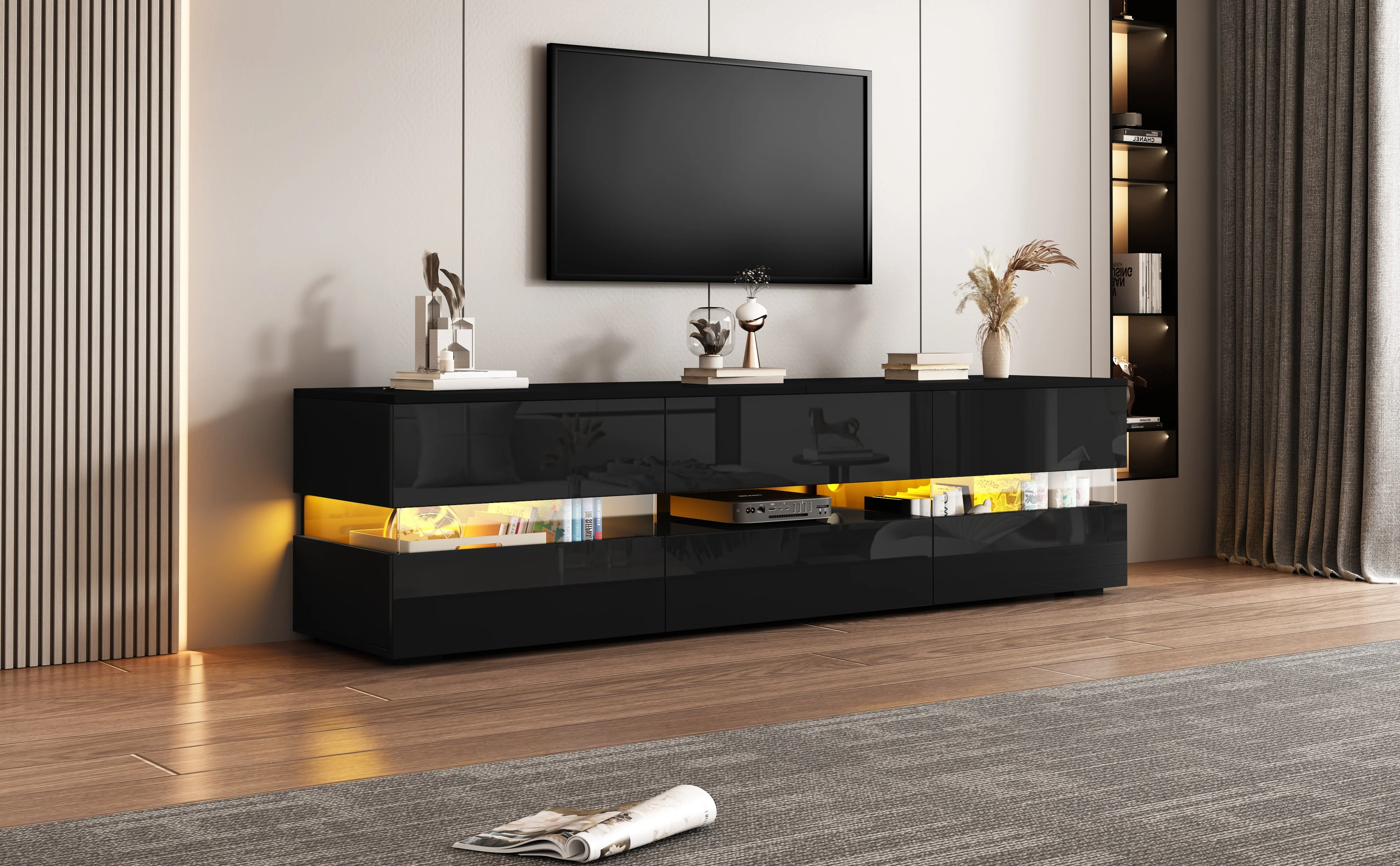Modern High-Gloss TV Cabinet 160x39x45cm LED 2 Doors 1 Drawer - Black - Image 8